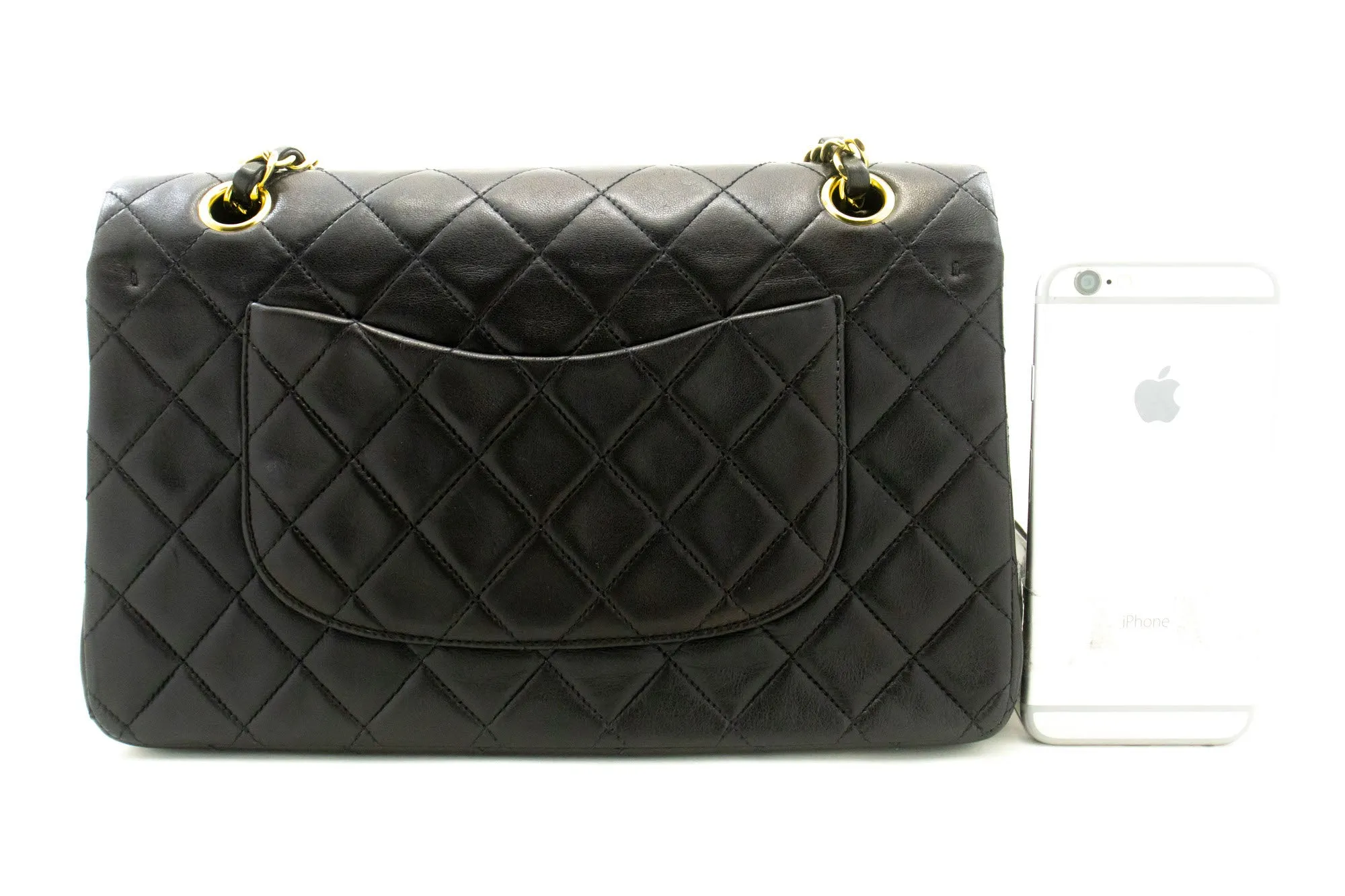 CHANEL Classic Double Flap 10" Chain Shoulder Bag Black Lambskin p49