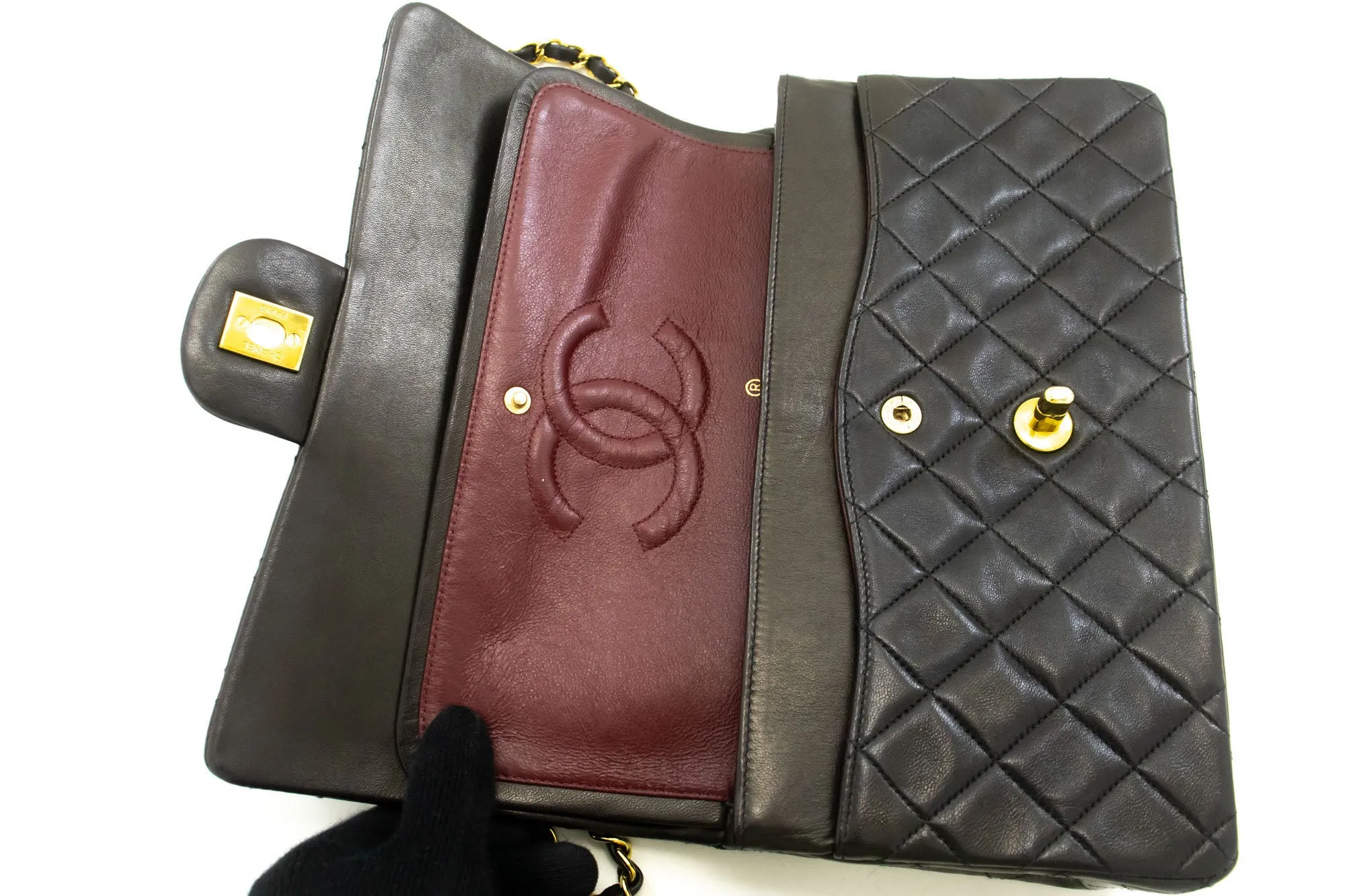 CHANEL Classic Double Flap 10" Chain Shoulder Bag Black Lambskin p49