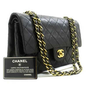 CHANEL Classic Double Flap 10" Chain Shoulder Bag Black Lambskin p49