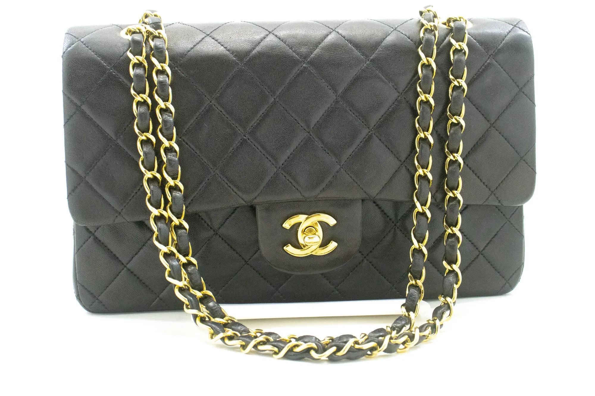 CHANEL Classic Double Flap 10" Chain Shoulder Bag Black Lambskin p49