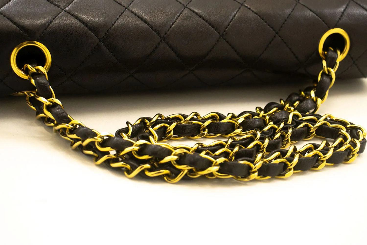 CHANEL Classic Double Flap 10" Chain Shoulder Bag Black Lambskin p49