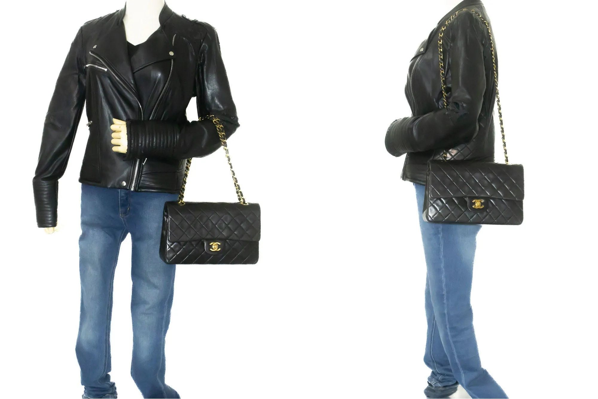 CHANEL Classic Double Flap 10" Chain Shoulder Bag Black Lambskin p49