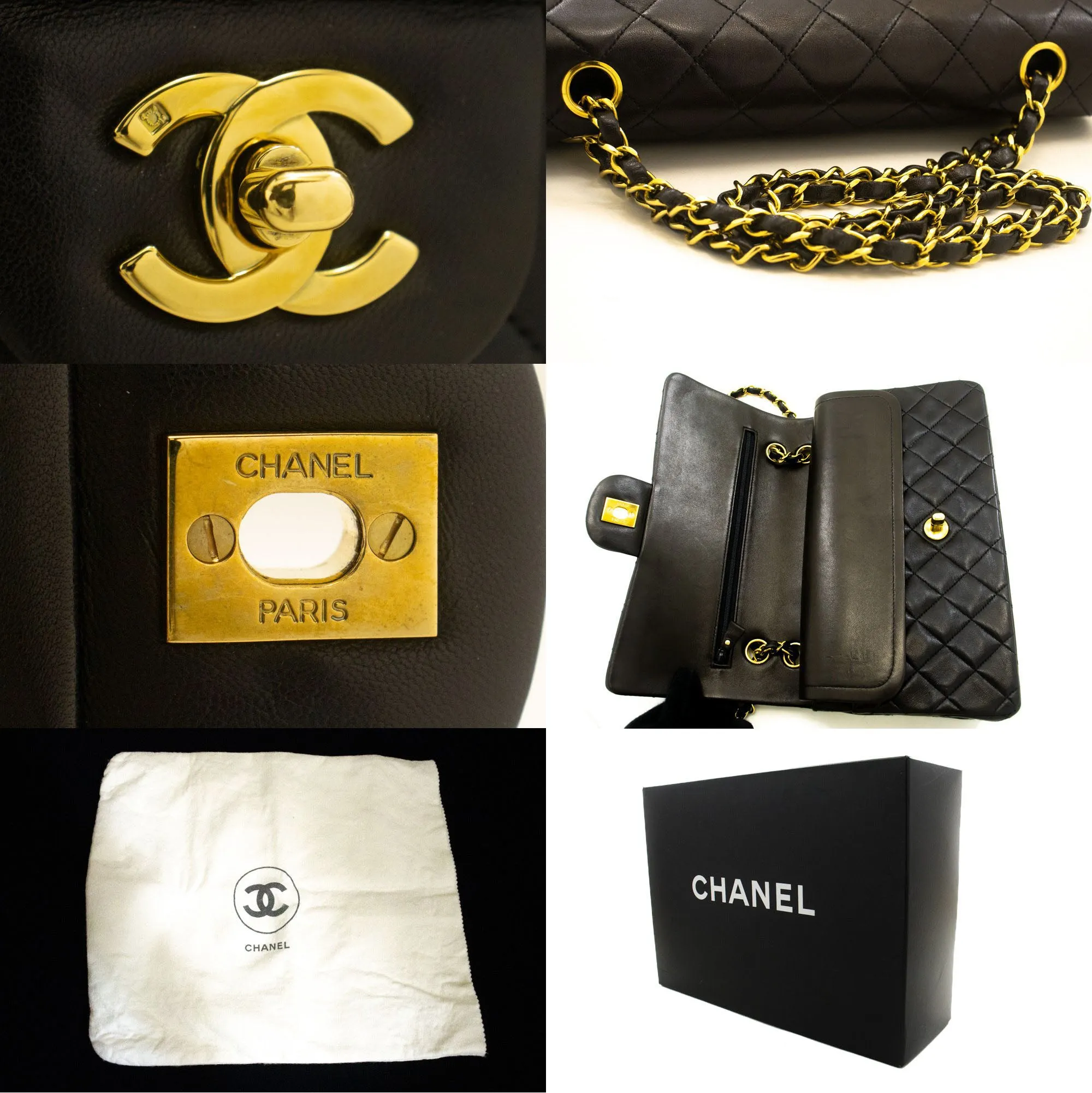 CHANEL Classic Double Flap 10" Chain Shoulder Bag Black Lambskin p49
