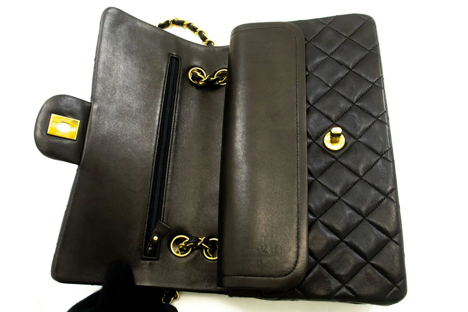 CHANEL Classic Double Flap 10" Chain Shoulder Bag Black Lambskin p49