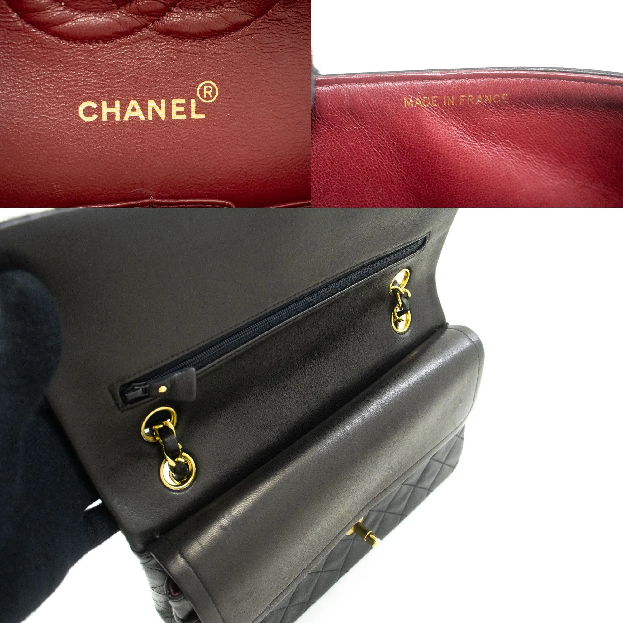 CHANEL Classic Double Flap 10" Chain Shoulder Bag Black Lambskin p49