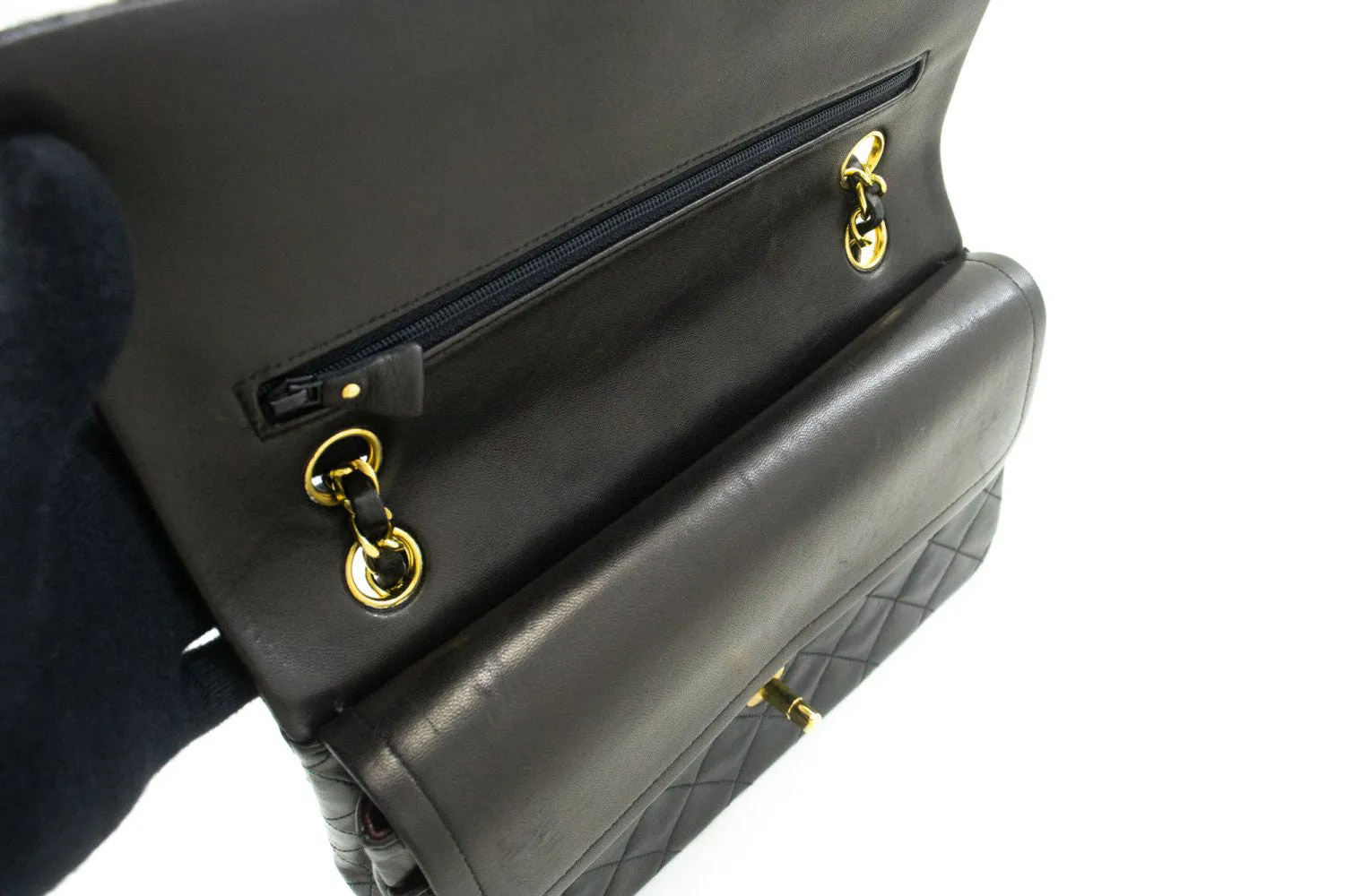 CHANEL Classic Double Flap 10" Chain Shoulder Bag Black Lambskin p49