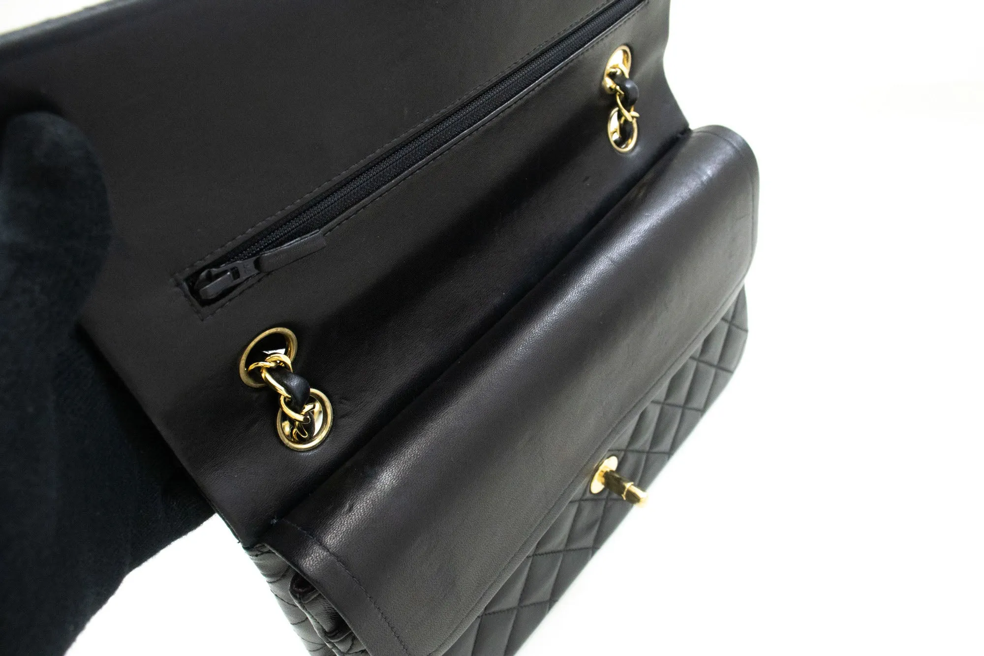 CHANEL Classic Double Flap 10" Chain Shoulder Bag Black Lambskin p50