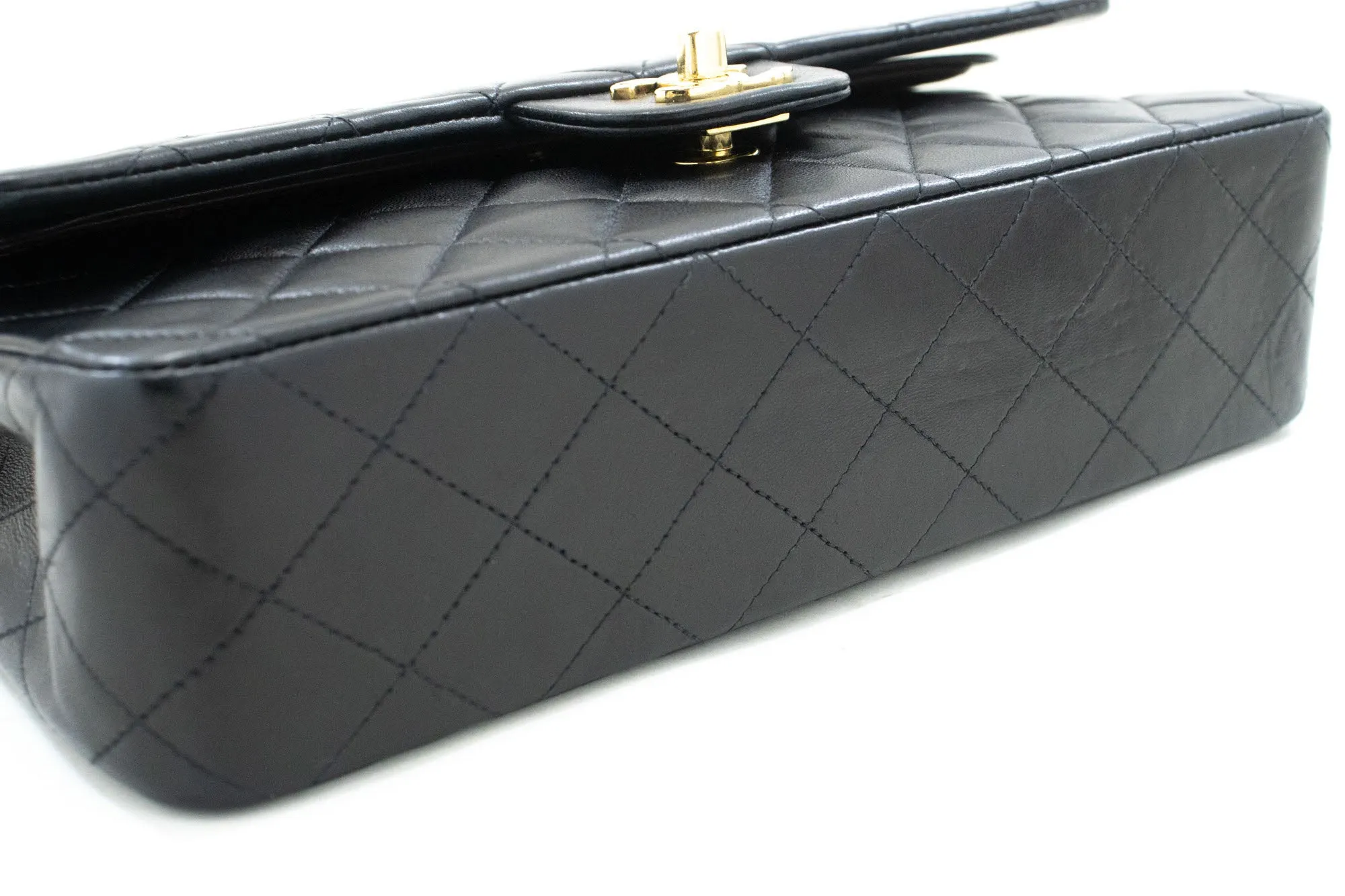 CHANEL Classic Double Flap 10" Chain Shoulder Bag Black Lambskin p50