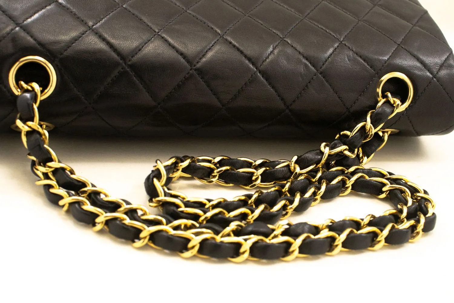CHANEL Classic Double Flap 10" Chain Shoulder Bag Black Lambskin p50