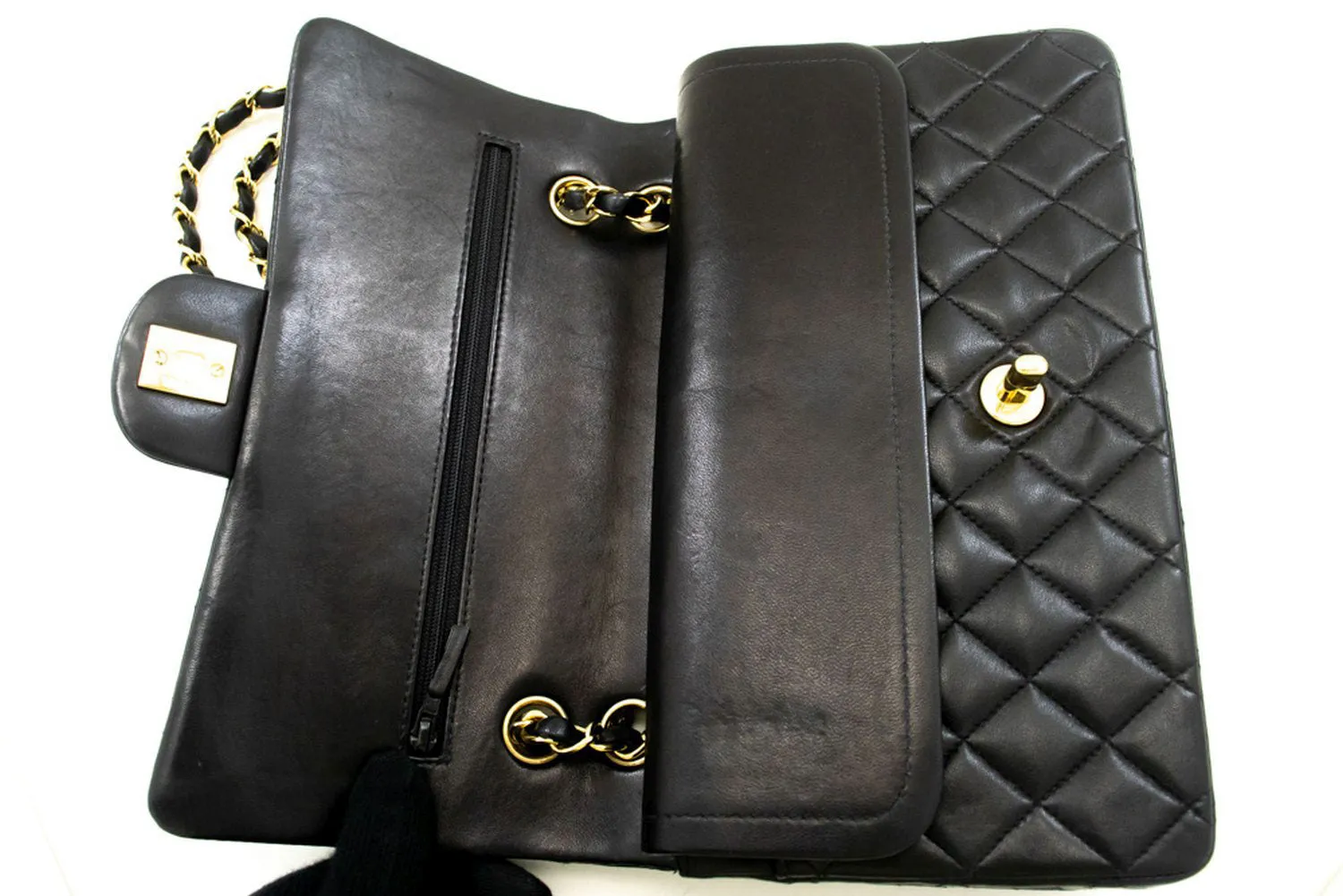 CHANEL Classic Double Flap 10" Chain Shoulder Bag Black Lambskin p50