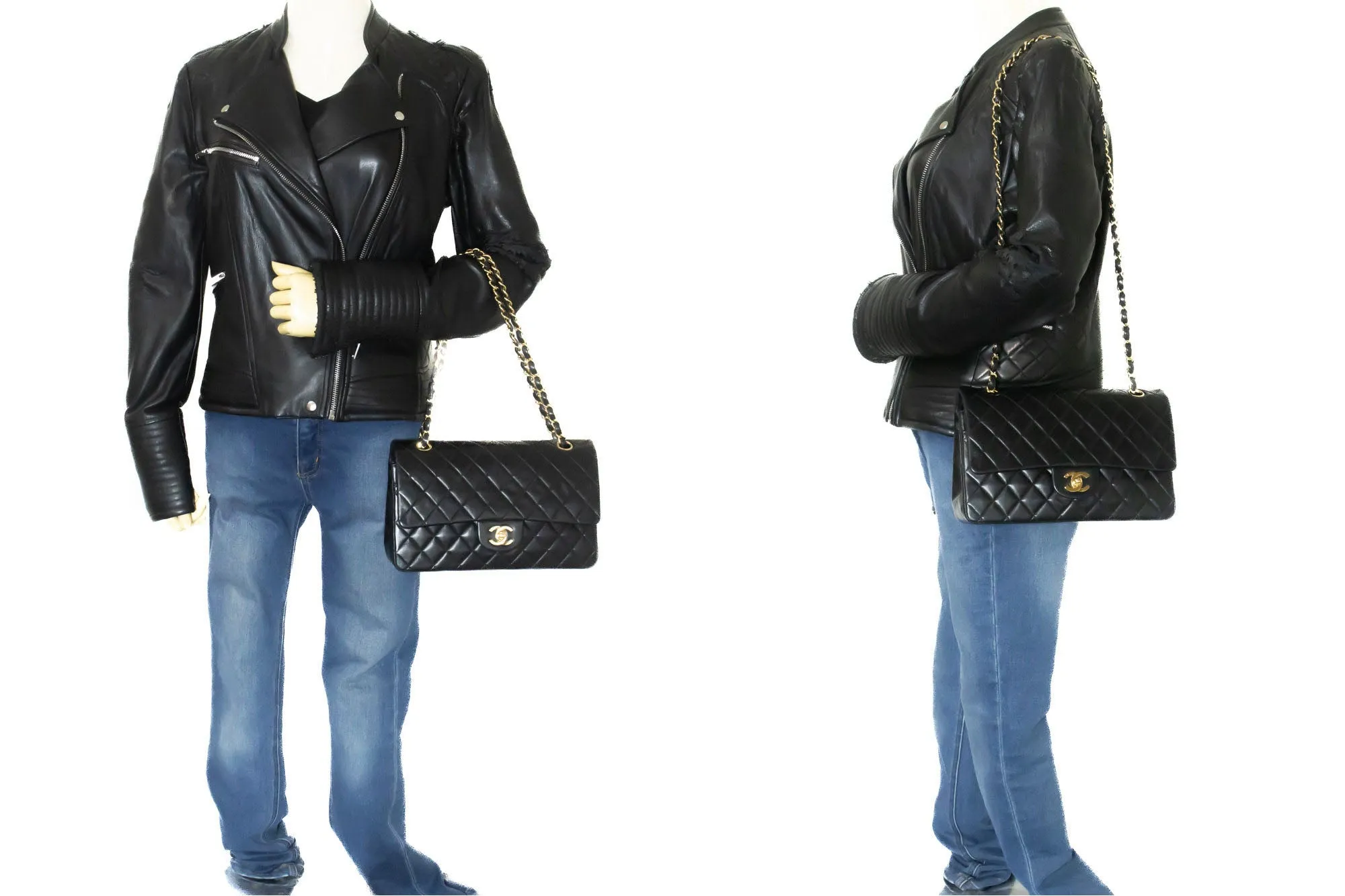 CHANEL Classic Double Flap 10" Chain Shoulder Bag Black Lambskin p50