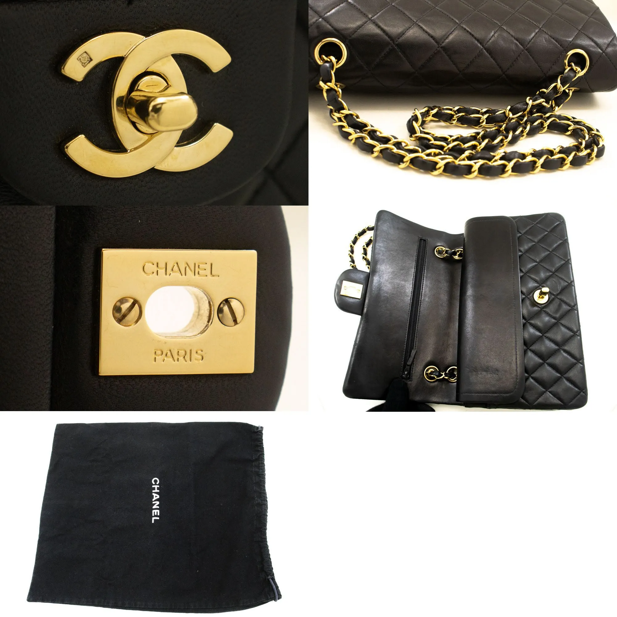 CHANEL Classic Double Flap 10" Chain Shoulder Bag Black Lambskin p50