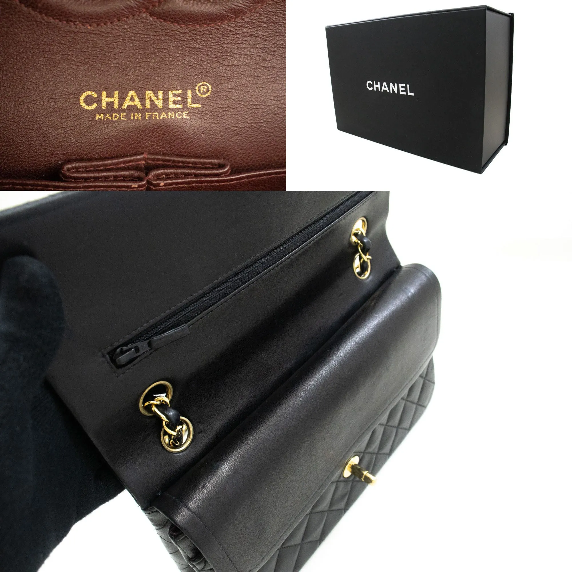 CHANEL Classic Double Flap 10" Chain Shoulder Bag Black Lambskin p50