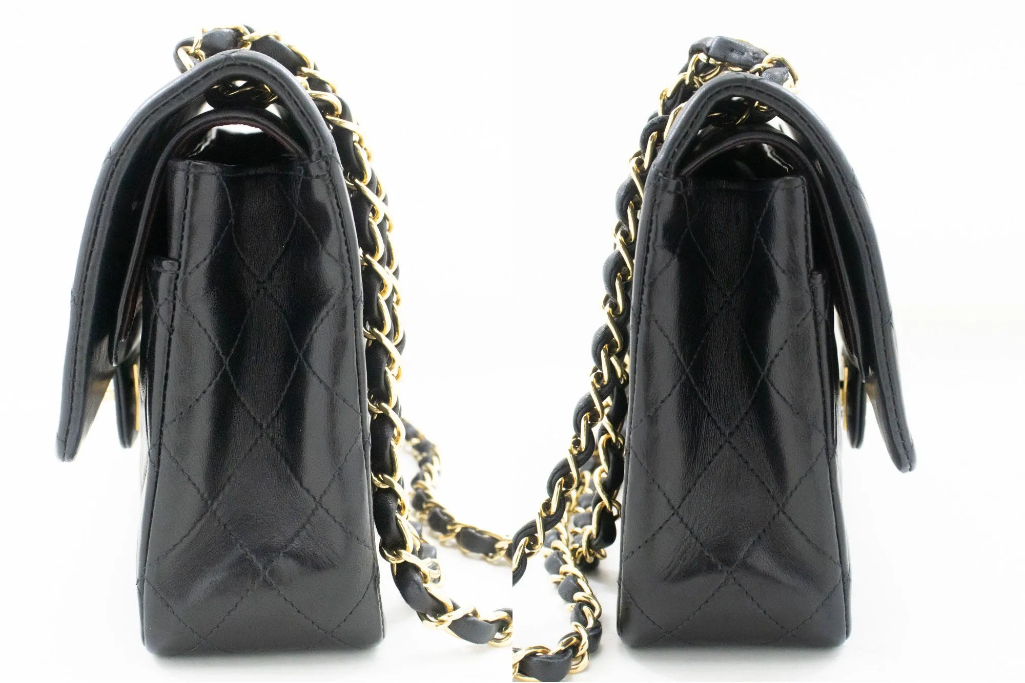 CHANEL Classic Double Flap 10" Chain Shoulder Bag Black Lambskin p50