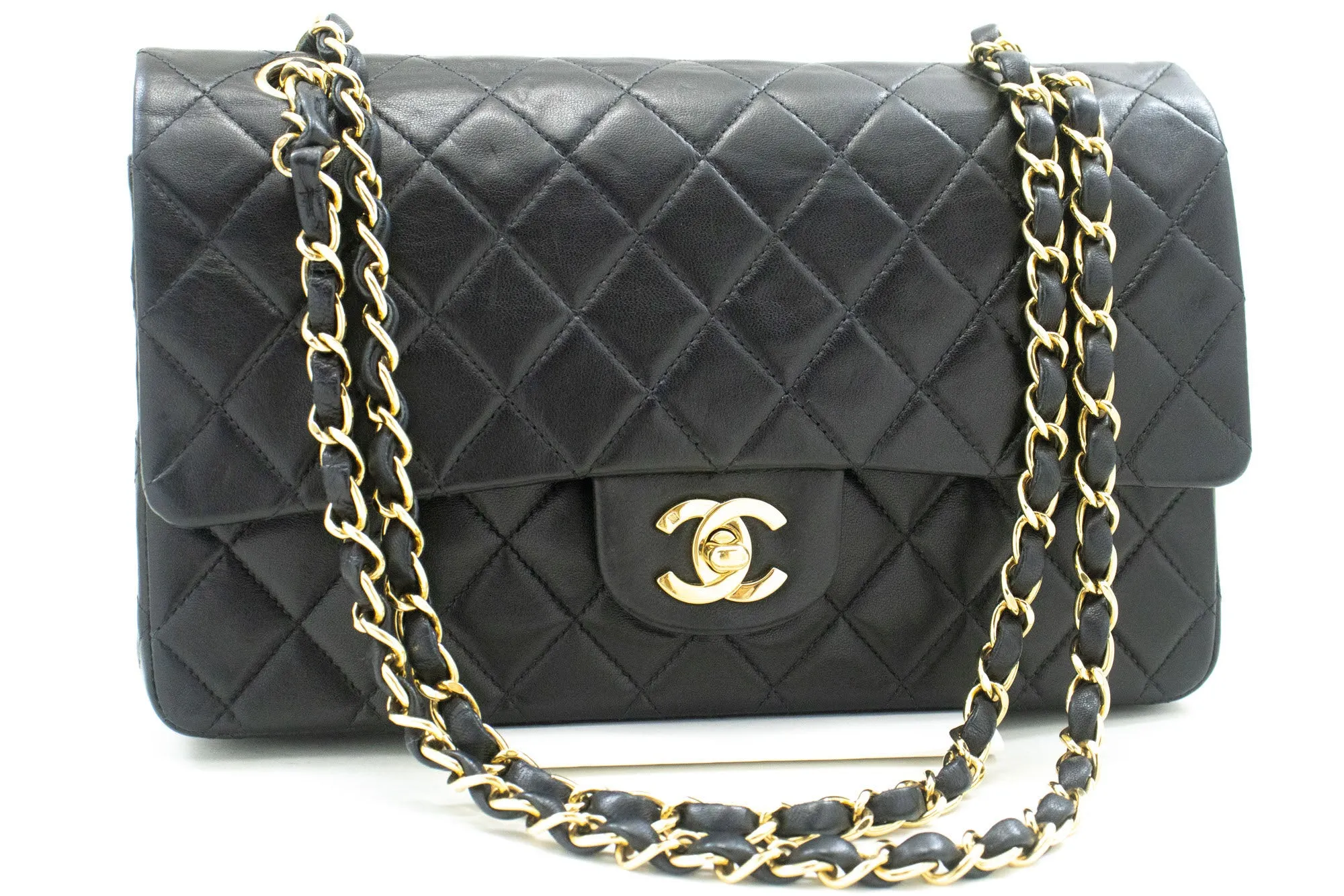 CHANEL Classic Double Flap 10" Chain Shoulder Bag Black Lambskin p50