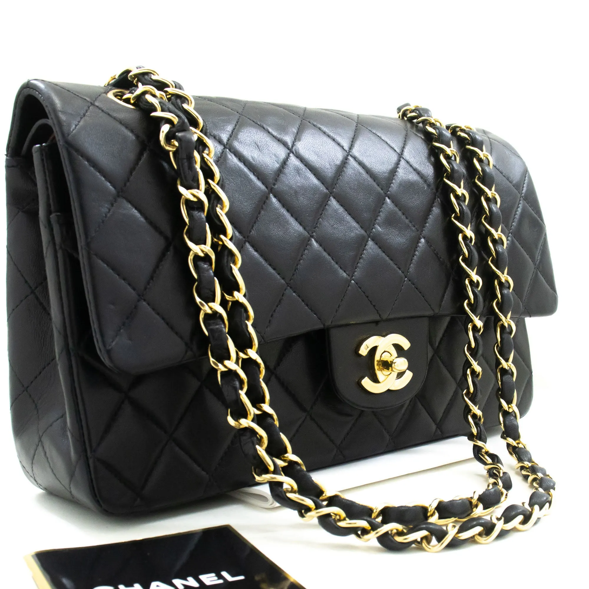 CHANEL Classic Double Flap 10" Chain Shoulder Bag Black Lambskin p50