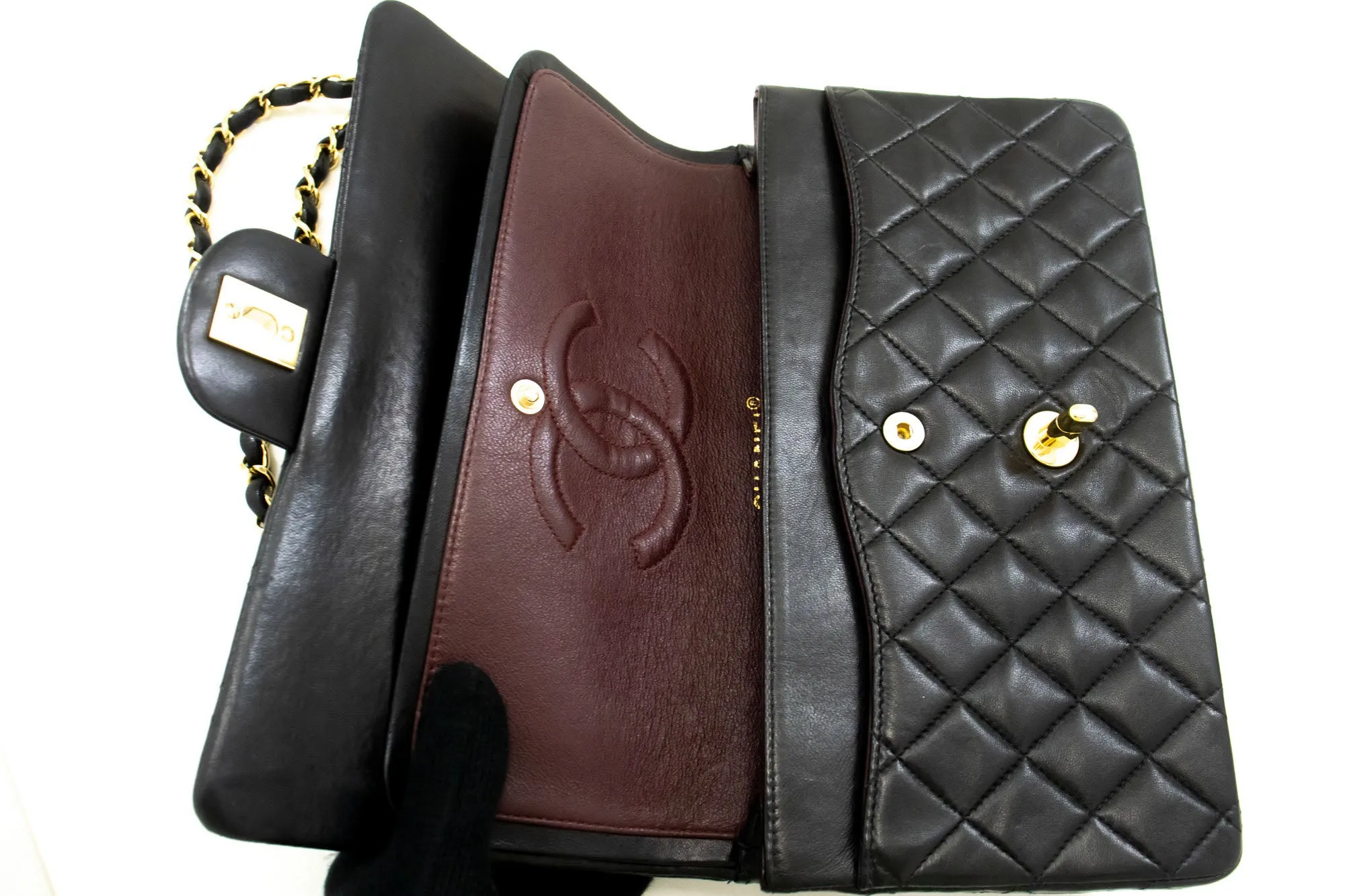 CHANEL Classic Double Flap 10" Chain Shoulder Bag Black Lambskin p50