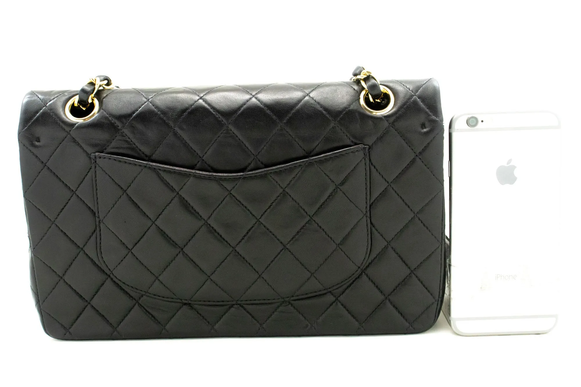 CHANEL Classic Double Flap 10" Chain Shoulder Bag Black Lambskin p50