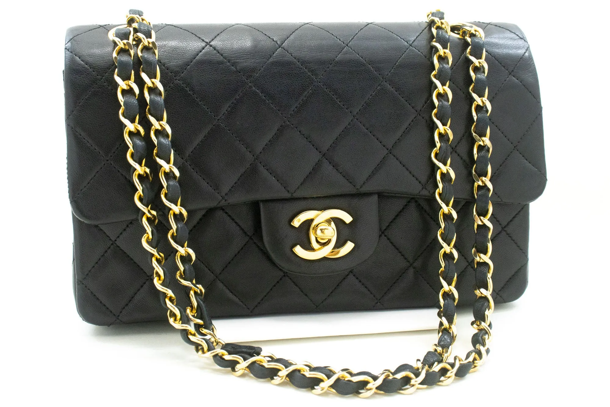 CHANEL Classic Double Flap 9" Chain Shoulder Bag Black Lambskin j19