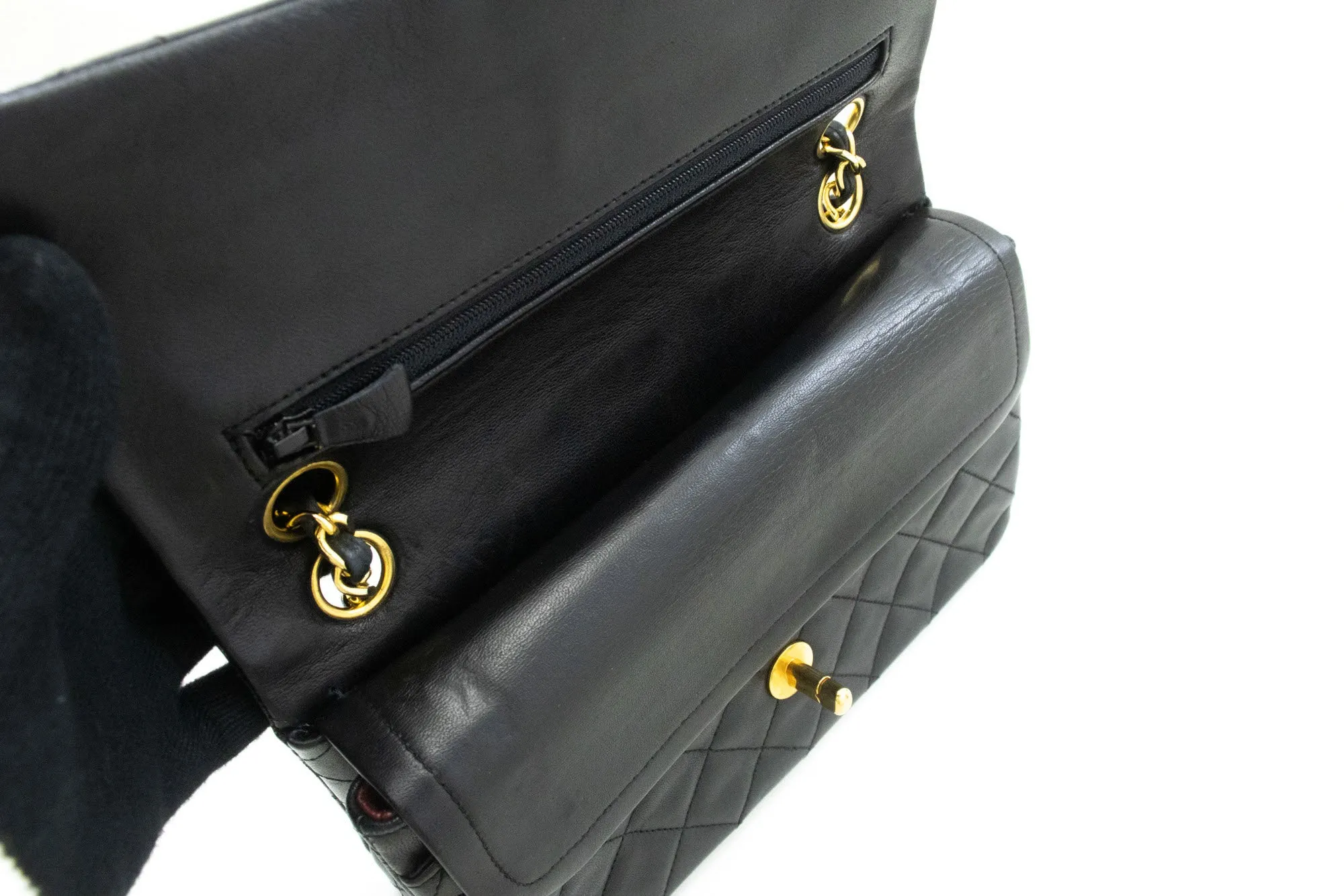 CHANEL Classic Double Flap 9" Chain Shoulder Bag Black Lambskin j19