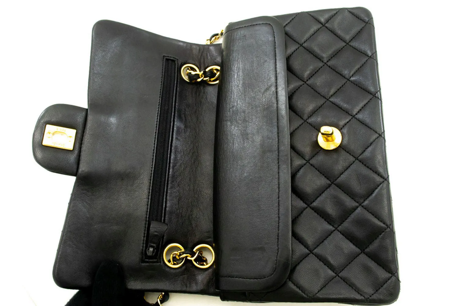 CHANEL Classic Double Flap 9" Chain Shoulder Bag Black Lambskin j19