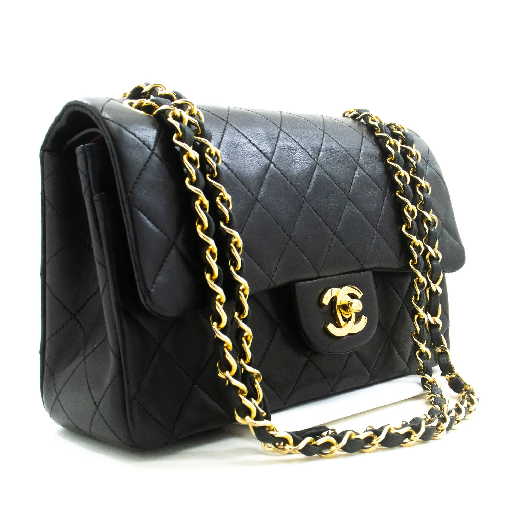 CHANEL Classic Double Flap 9" Chain Shoulder Bag Black Lambskin j19