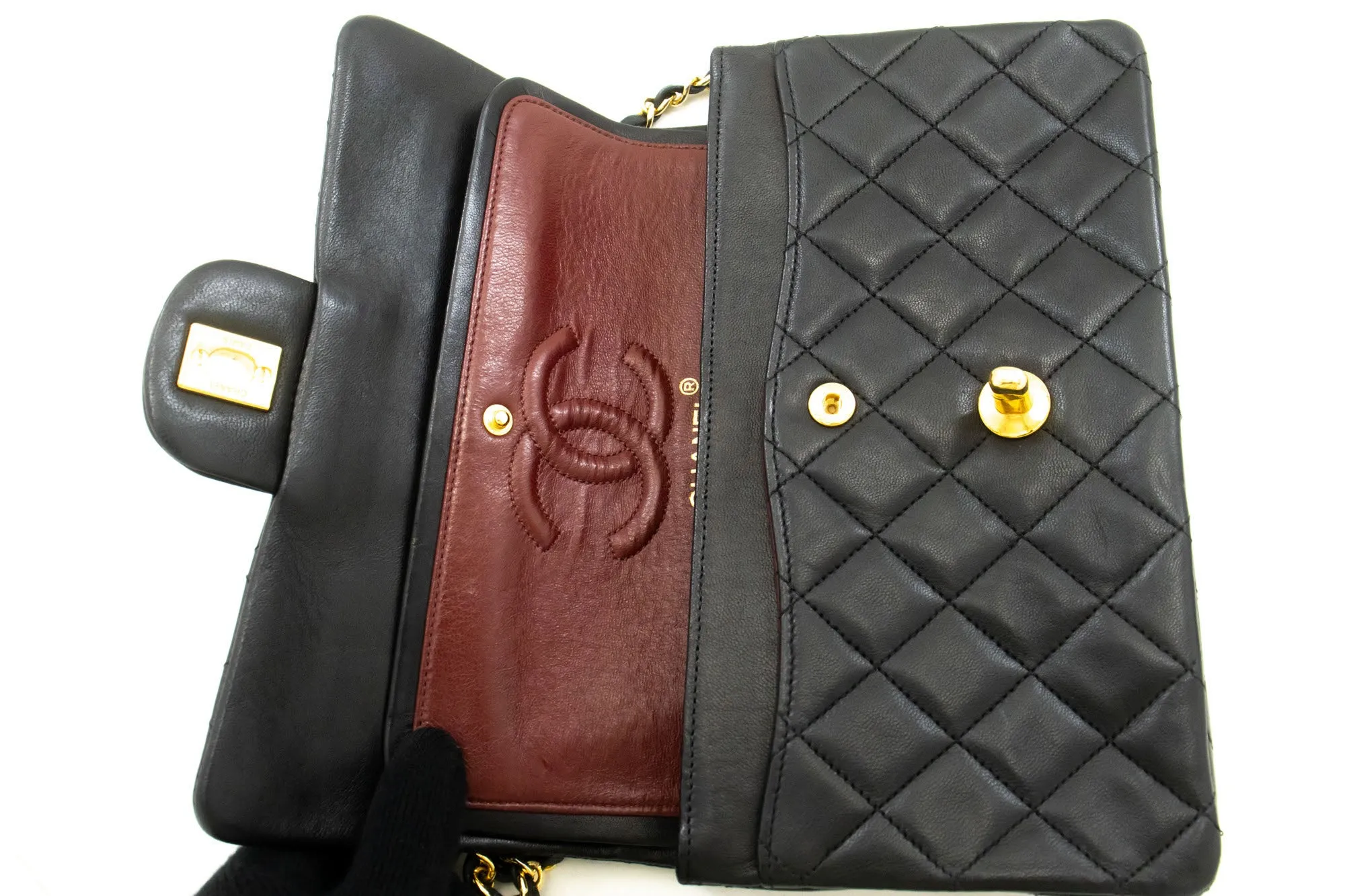 CHANEL Classic Double Flap 9" Chain Shoulder Bag Black Lambskin j19