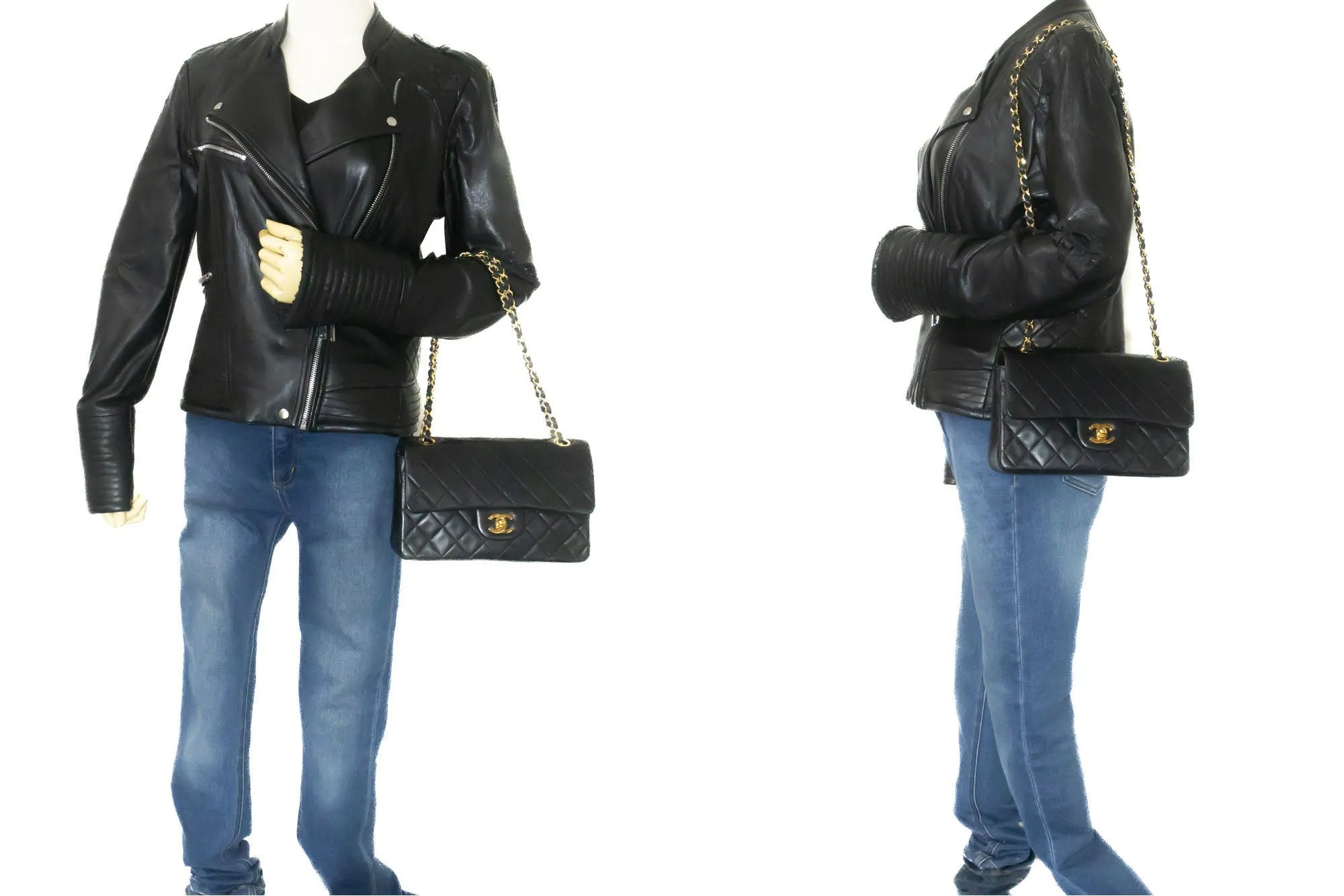 CHANEL Classic Double Flap 9" Chain Shoulder Bag Black Lambskin j19