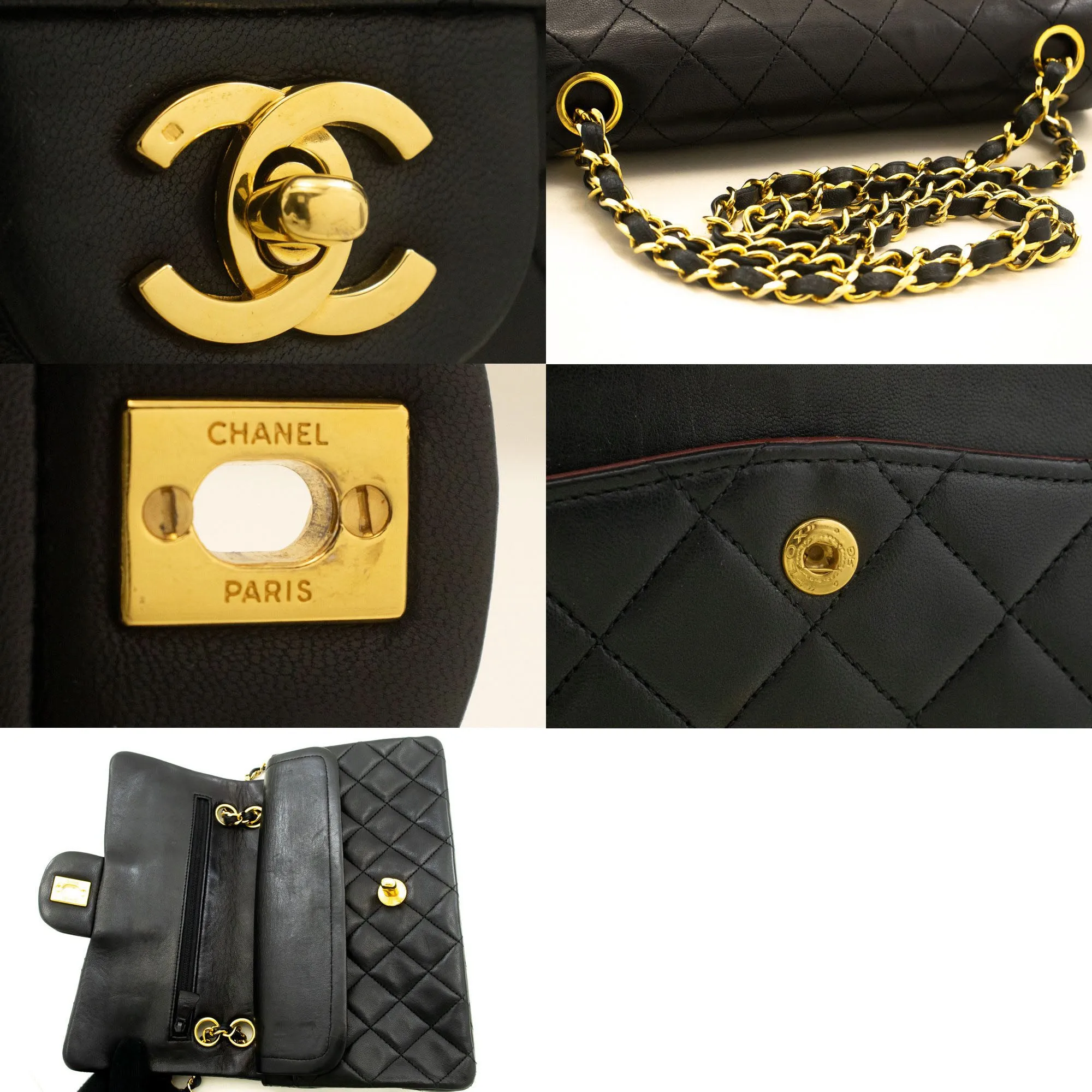 CHANEL Classic Double Flap 9" Chain Shoulder Bag Black Lambskin j19