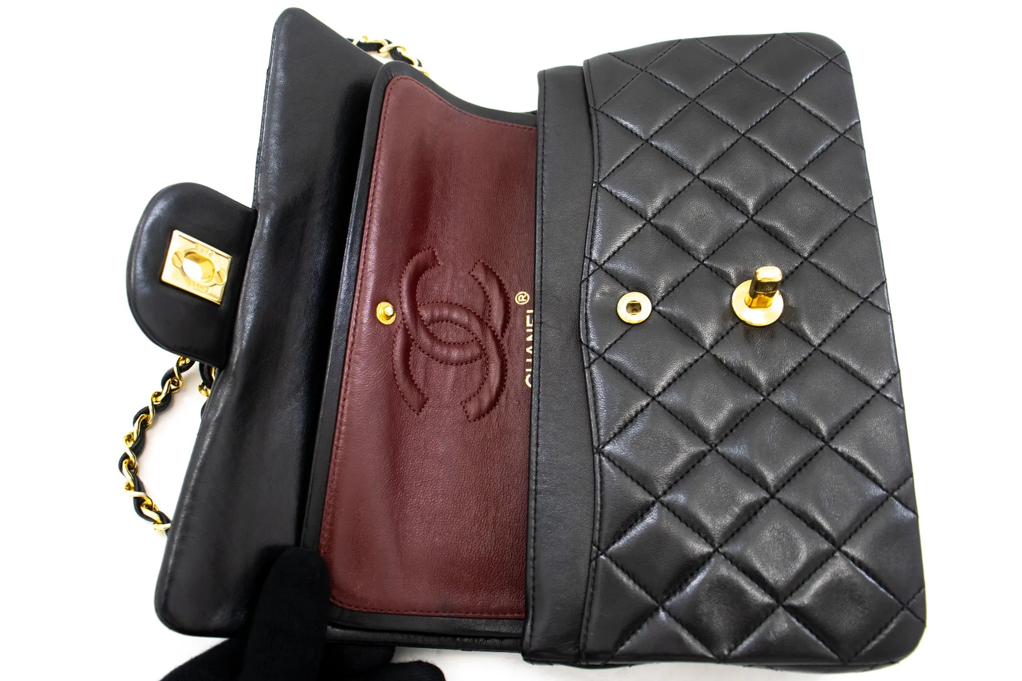 CHANEL Classic Double Flap 9" Chain Shoulder Bag Black Lambskin k80