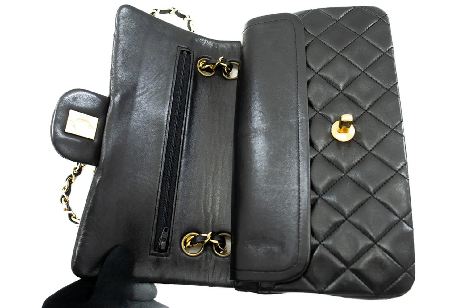 CHANEL Classic Double Flap 9" Chain Shoulder Bag Black Lambskin k80