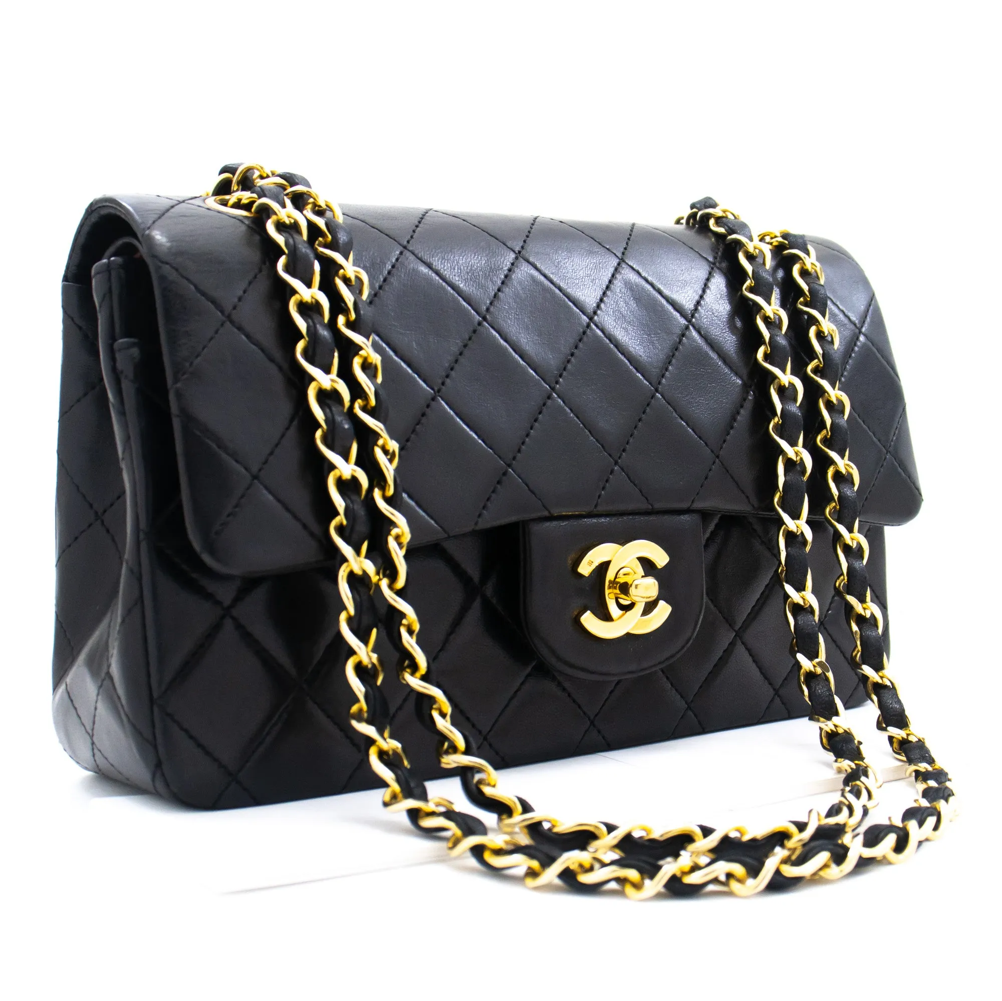 CHANEL Classic Double Flap 9" Chain Shoulder Bag Black Lambskin k80
