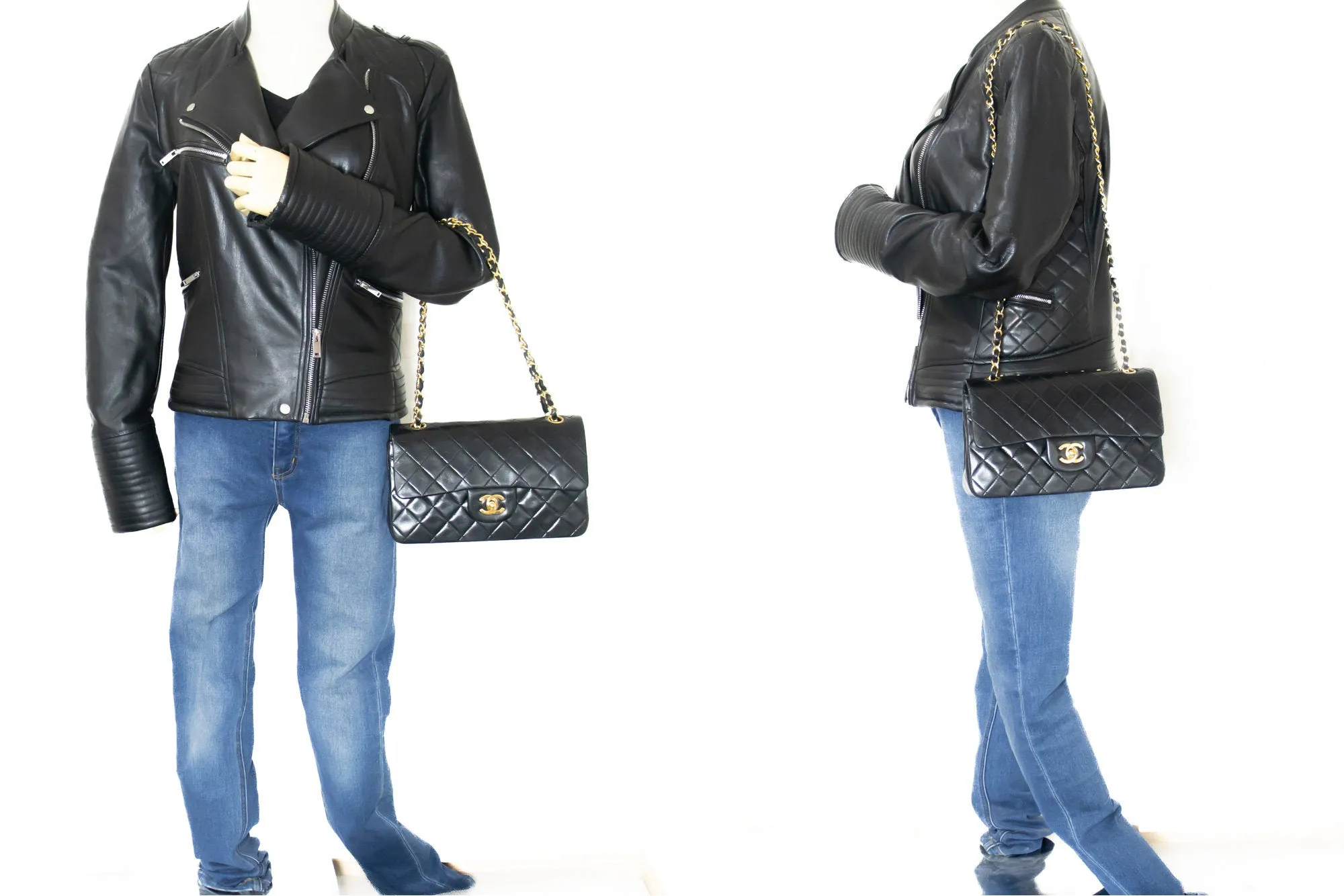 CHANEL Classic Double Flap 9" Chain Shoulder Bag Black Lambskin k80
