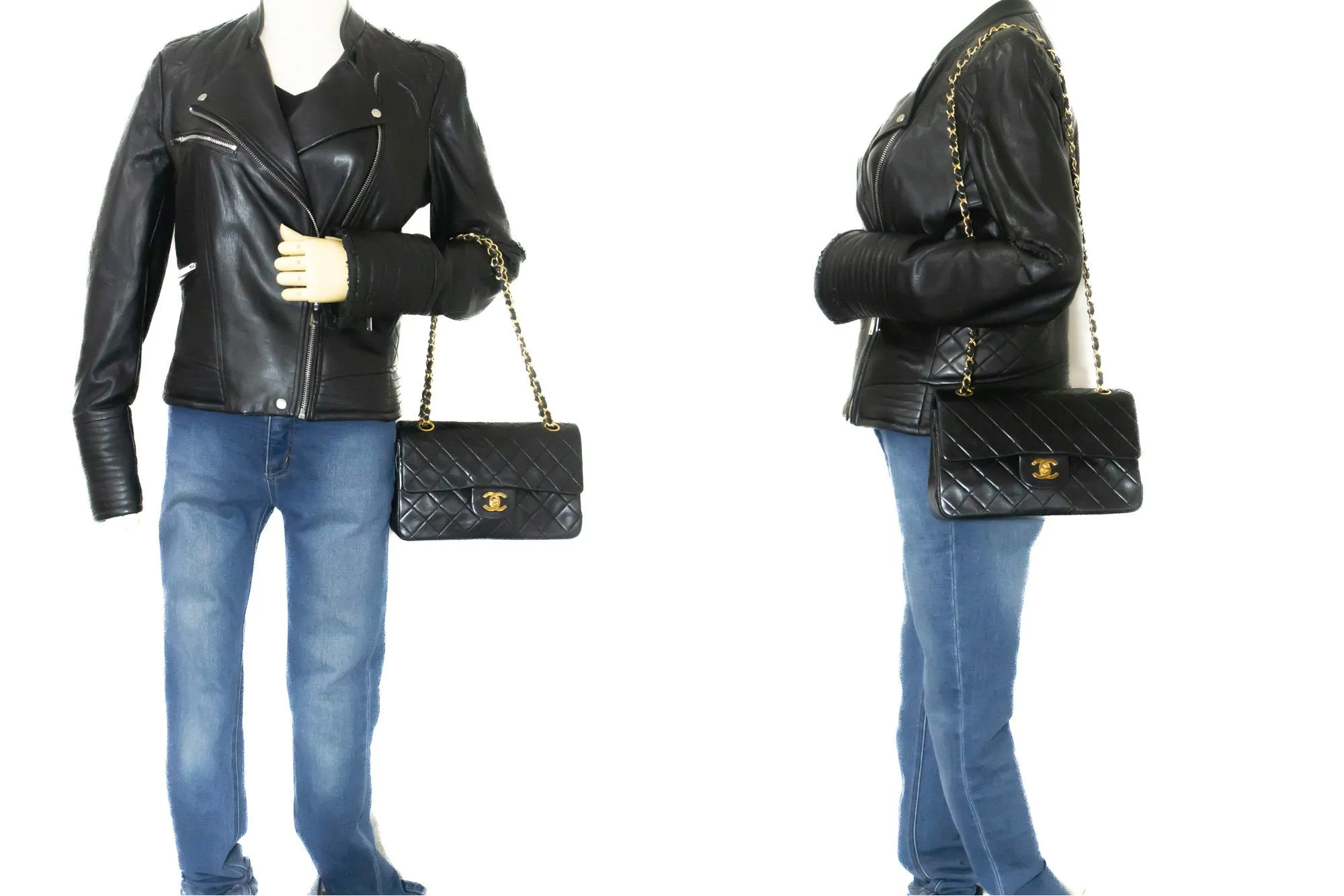 CHANEL Classic Double Flap 9" Chain Shoulder Bag Black Lambskin L41