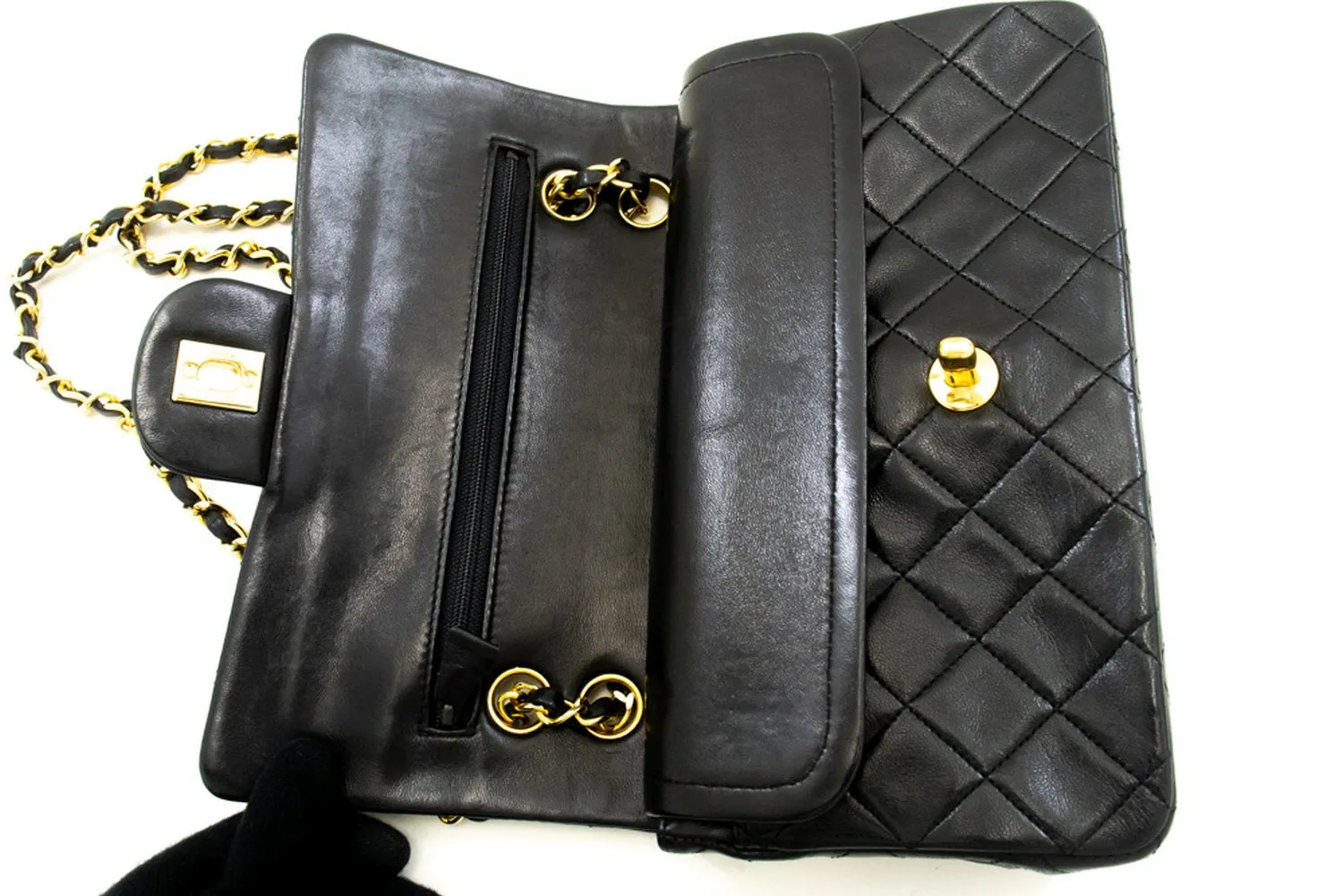CHANEL Classic Double Flap 9" Chain Shoulder Bag Black Lambskin L41