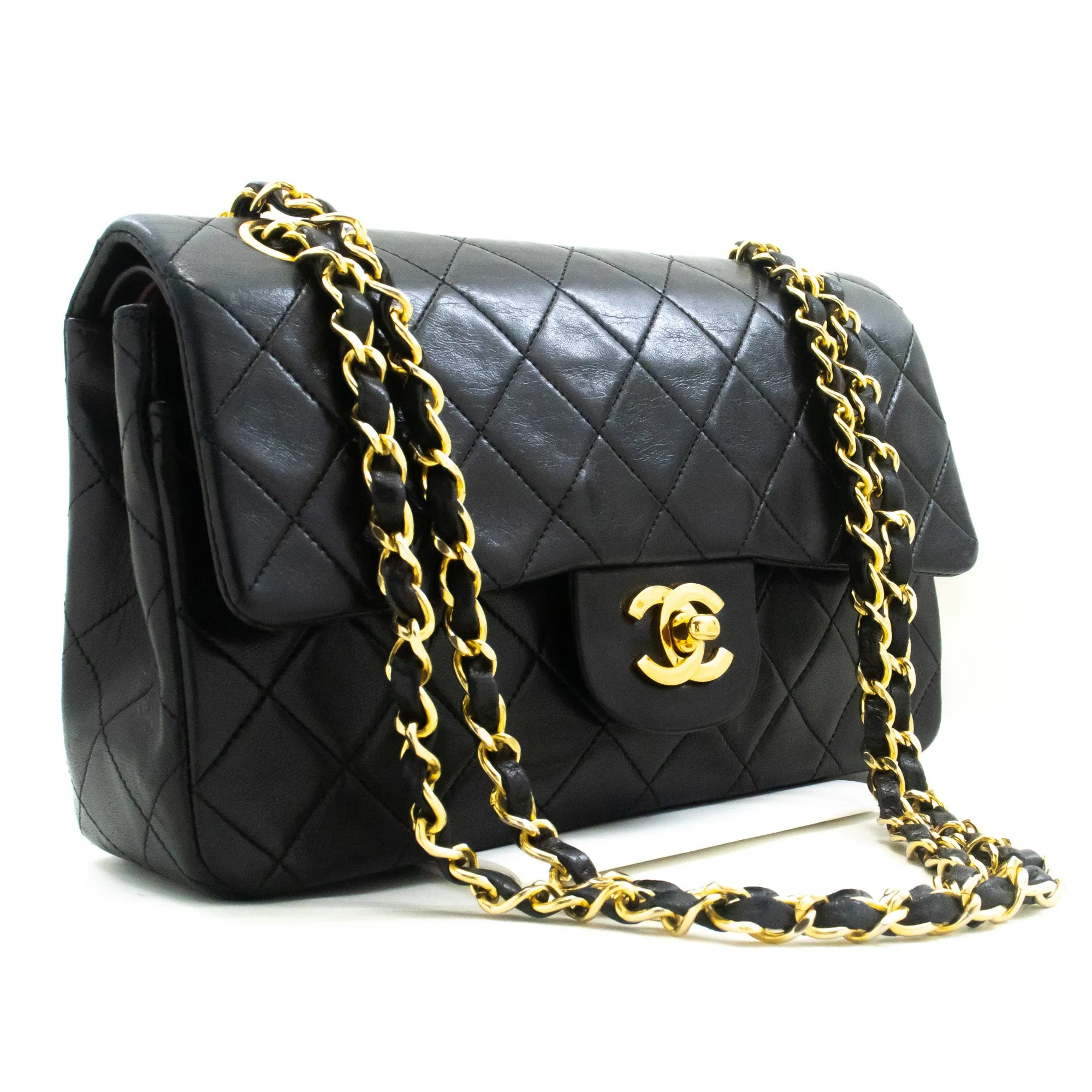 CHANEL Classic Double Flap 9" Chain Shoulder Bag Black Lambskin L41