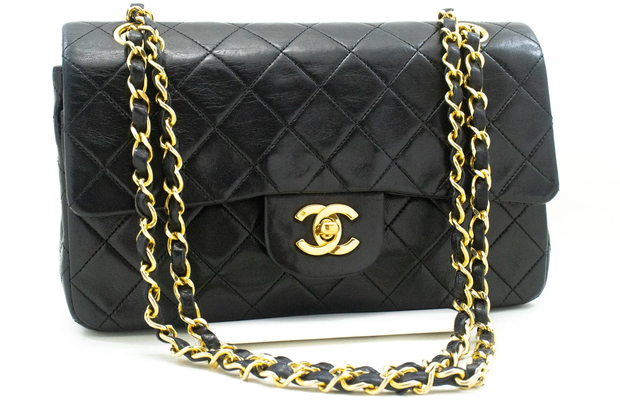 CHANEL Classic Double Flap 9" Chain Shoulder Bag Black Lambskin L41