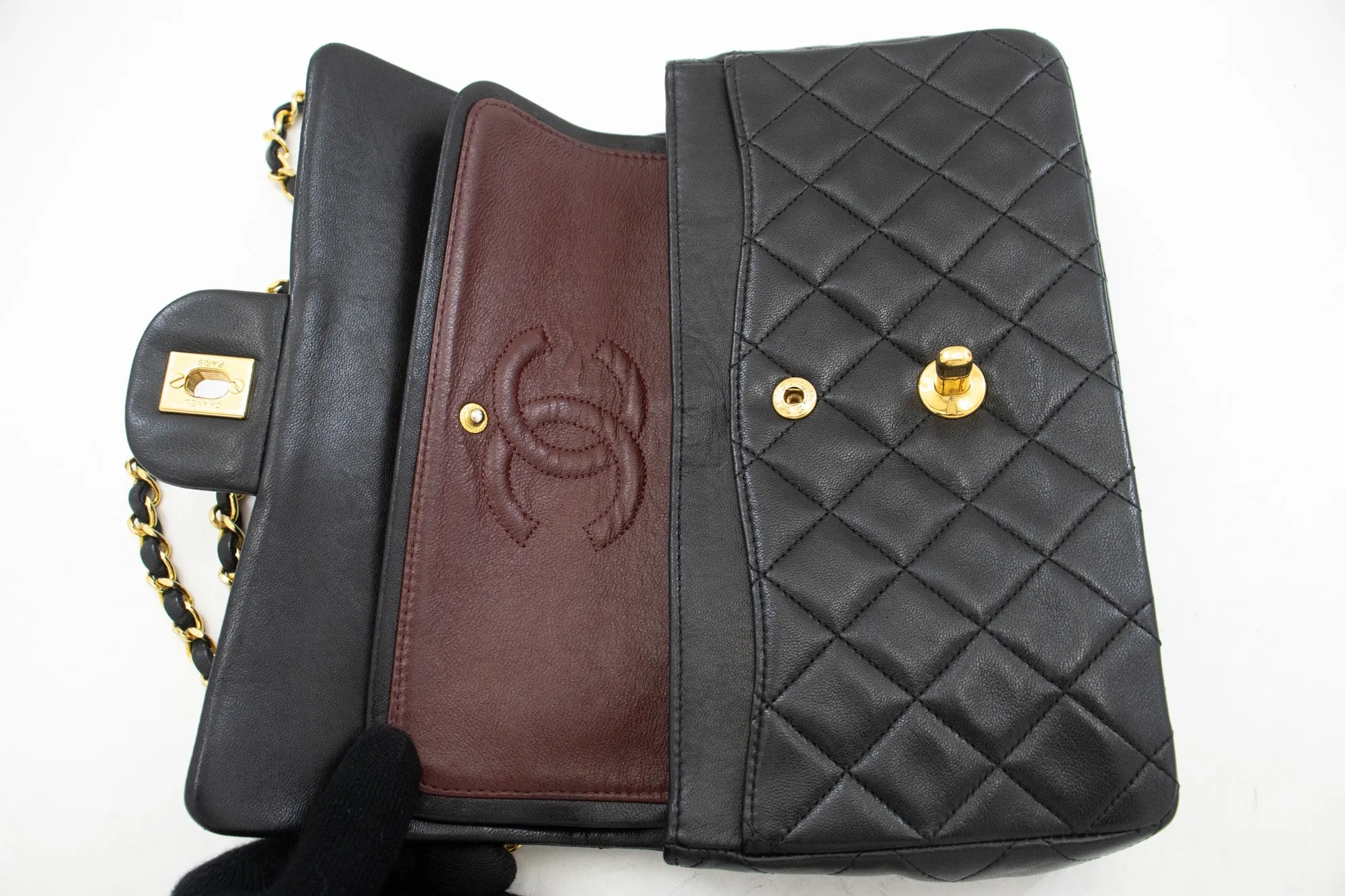 CHANEL Classic Double Flap 9" Chain Shoulder Bag Black Lambskin L43