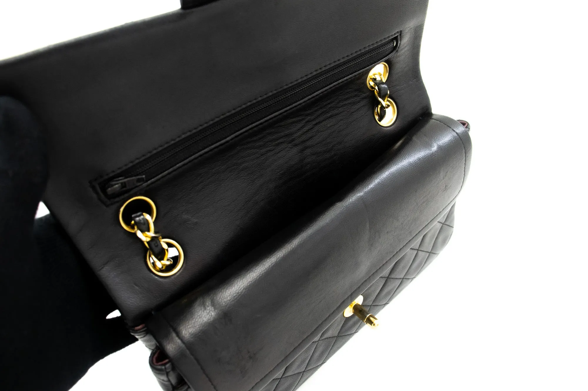 CHANEL Classic Double Flap 9" Chain Shoulder Bag Black Lambskin L43