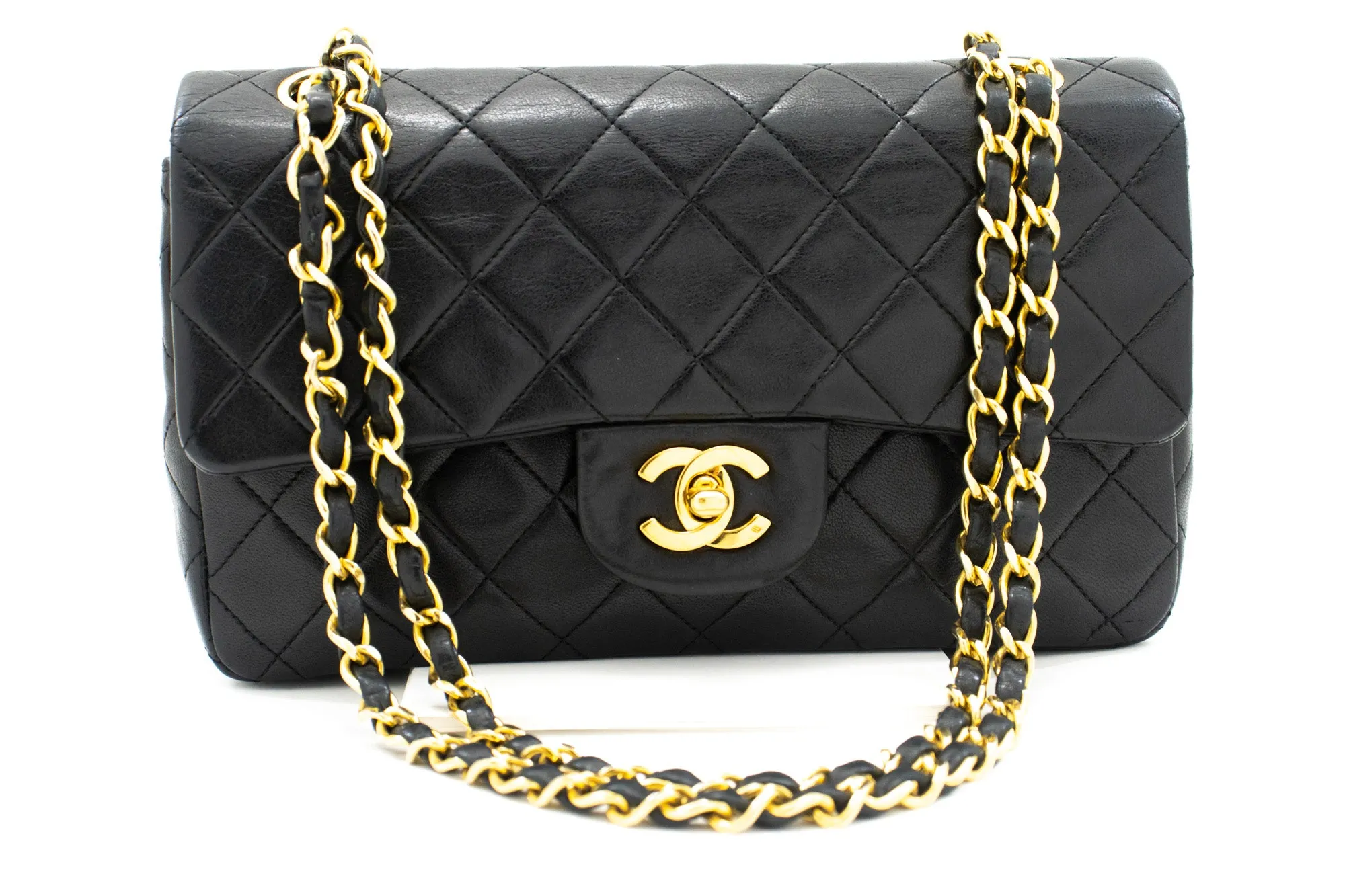 CHANEL Classic Double Flap 9" Chain Shoulder Bag Black Lambskin L43