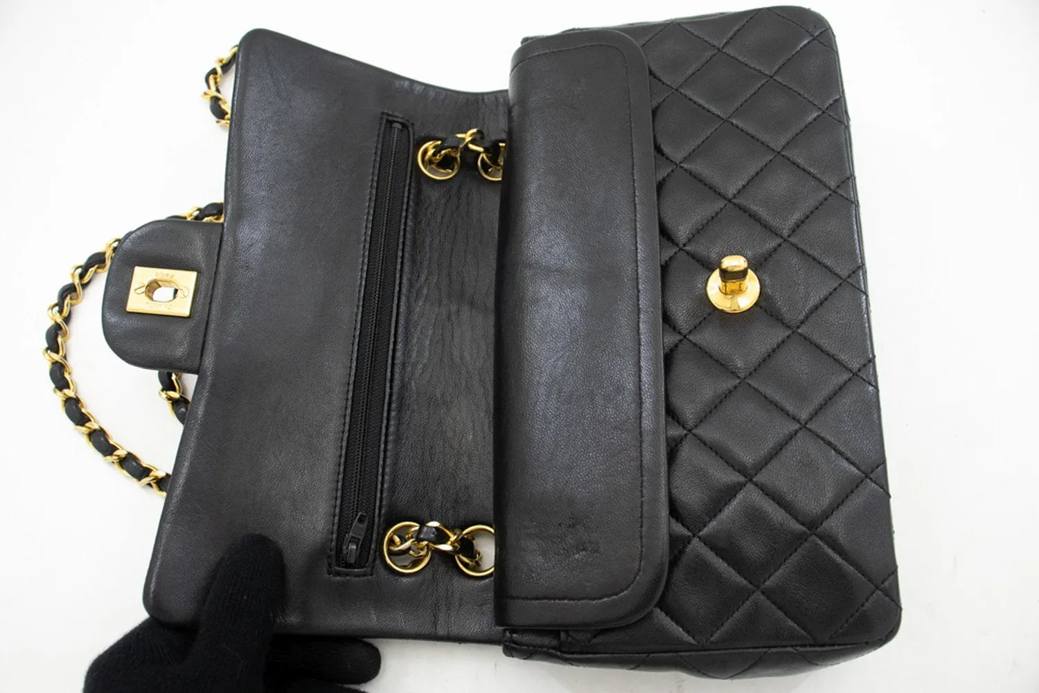 CHANEL Classic Double Flap 9" Chain Shoulder Bag Black Lambskin L43