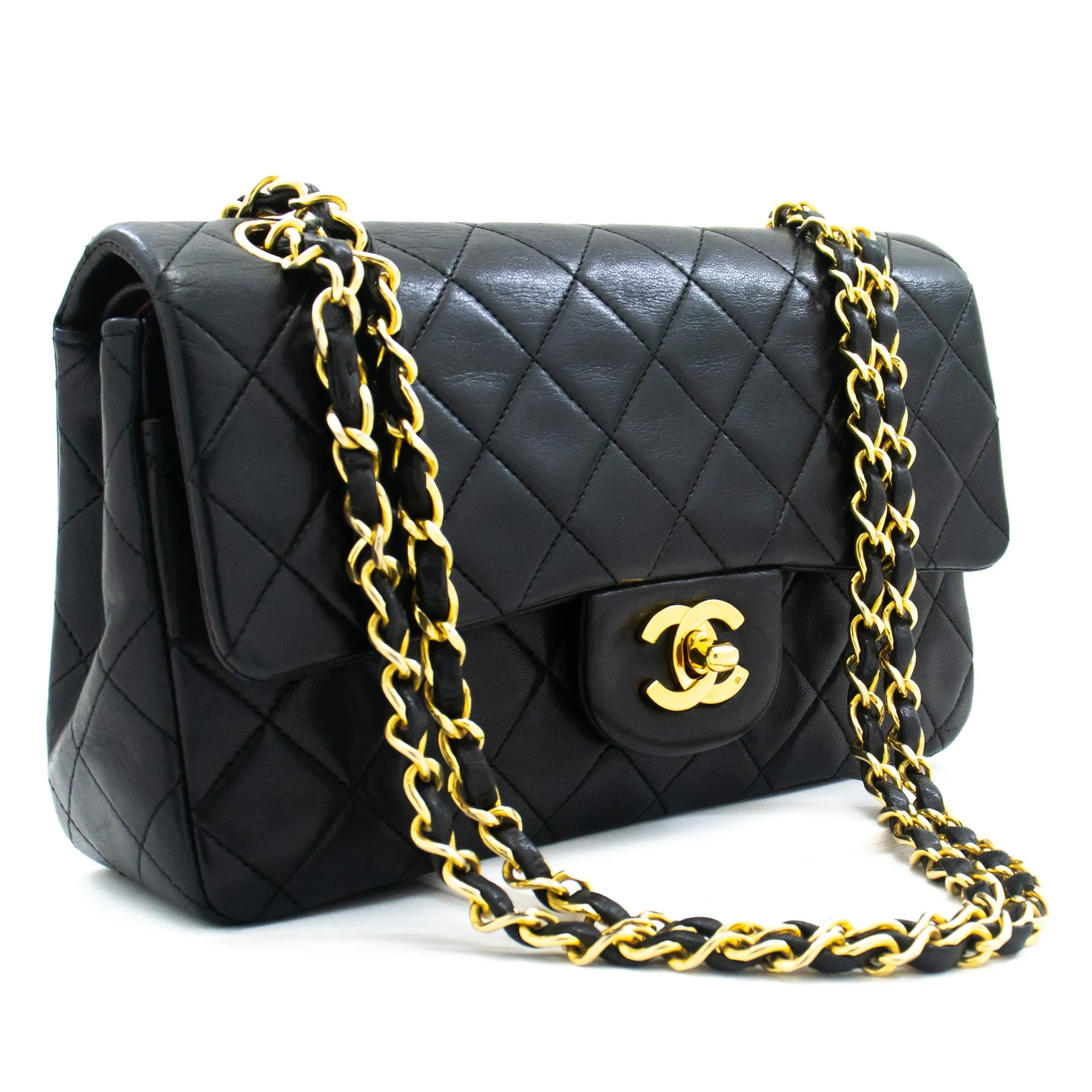 CHANEL Classic Double Flap 9" Chain Shoulder Bag Black Lambskin L43