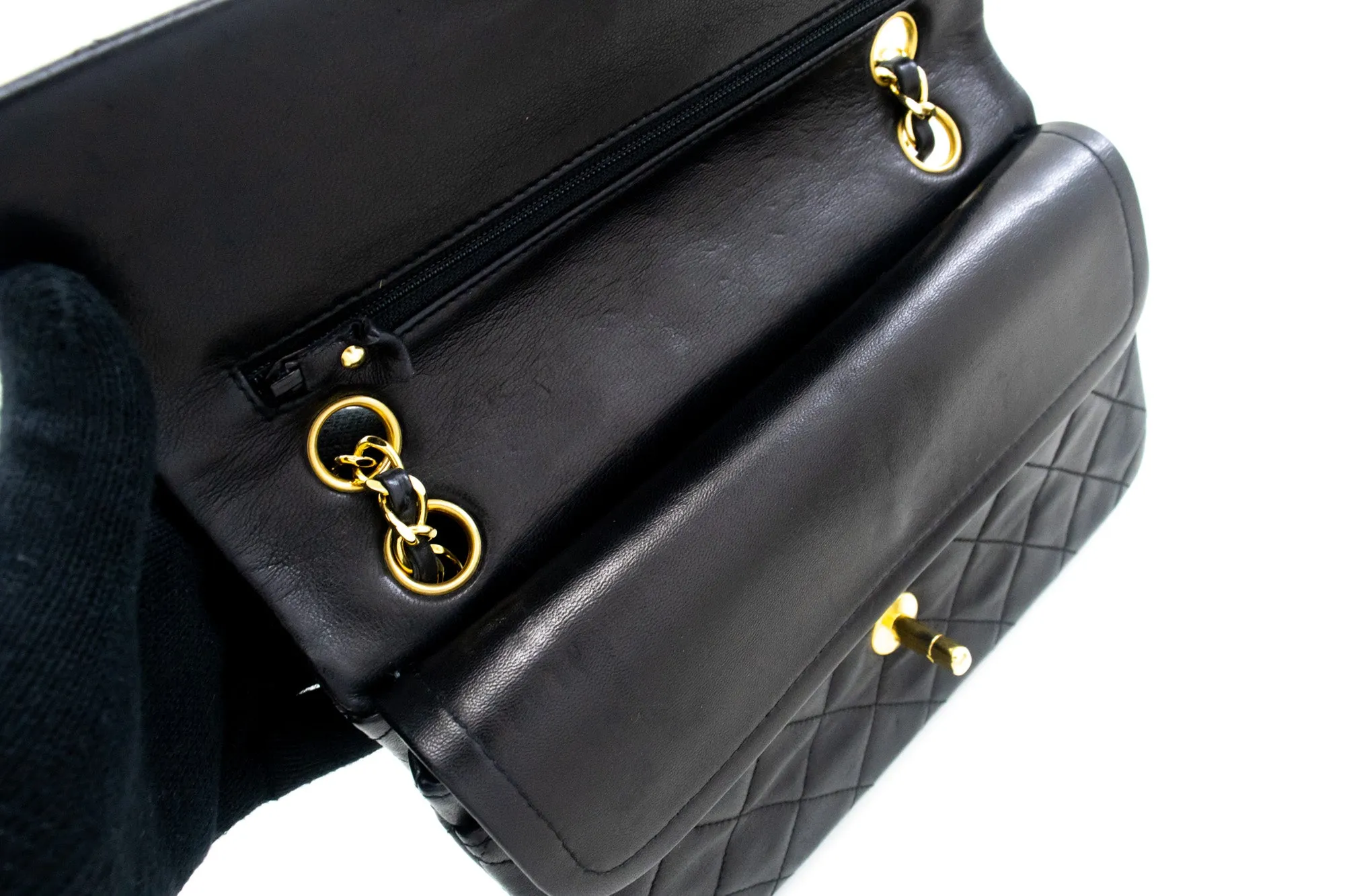 CHANEL Classic Double Flap 9" Chain Shoulder Bag Black Lambskin L63