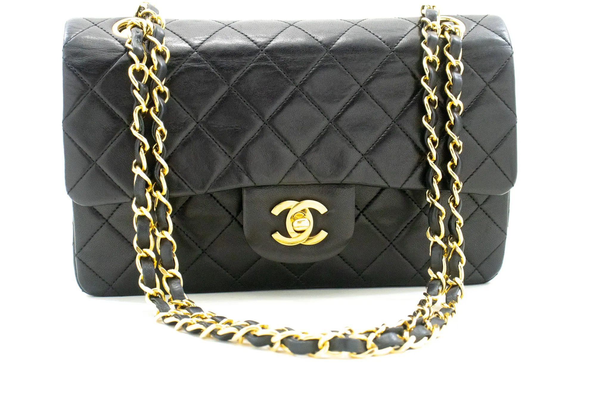 CHANEL Classic Double Flap 9" Chain Shoulder Bag Black Lambskin L63