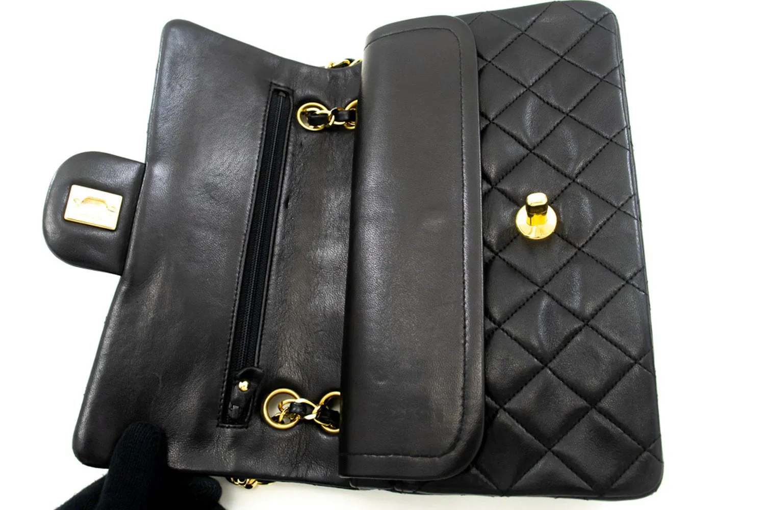 CHANEL Classic Double Flap 9" Chain Shoulder Bag Black Lambskin L63