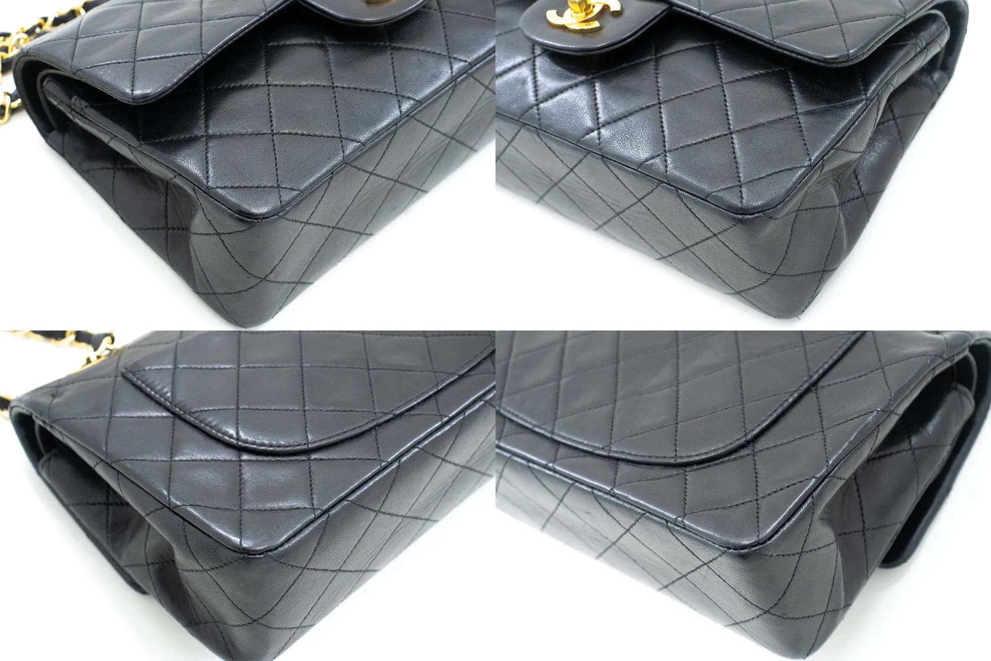 CHANEL Classic Double Flap 9" Chain Shoulder Bag Black Lambskin L63