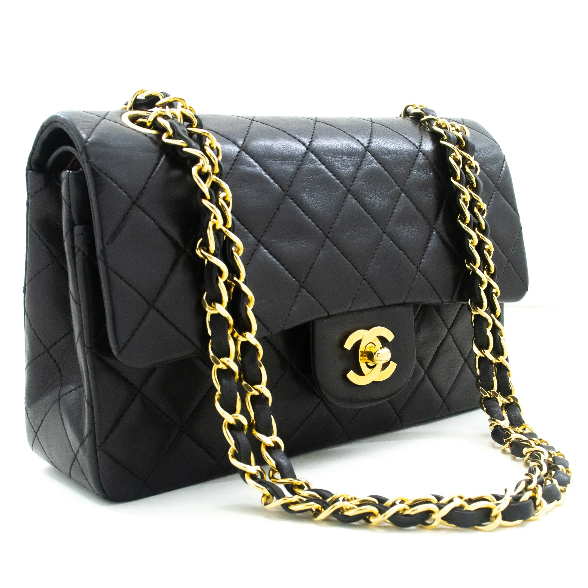 CHANEL Classic Double Flap 9" Chain Shoulder Bag Black Lambskin L63