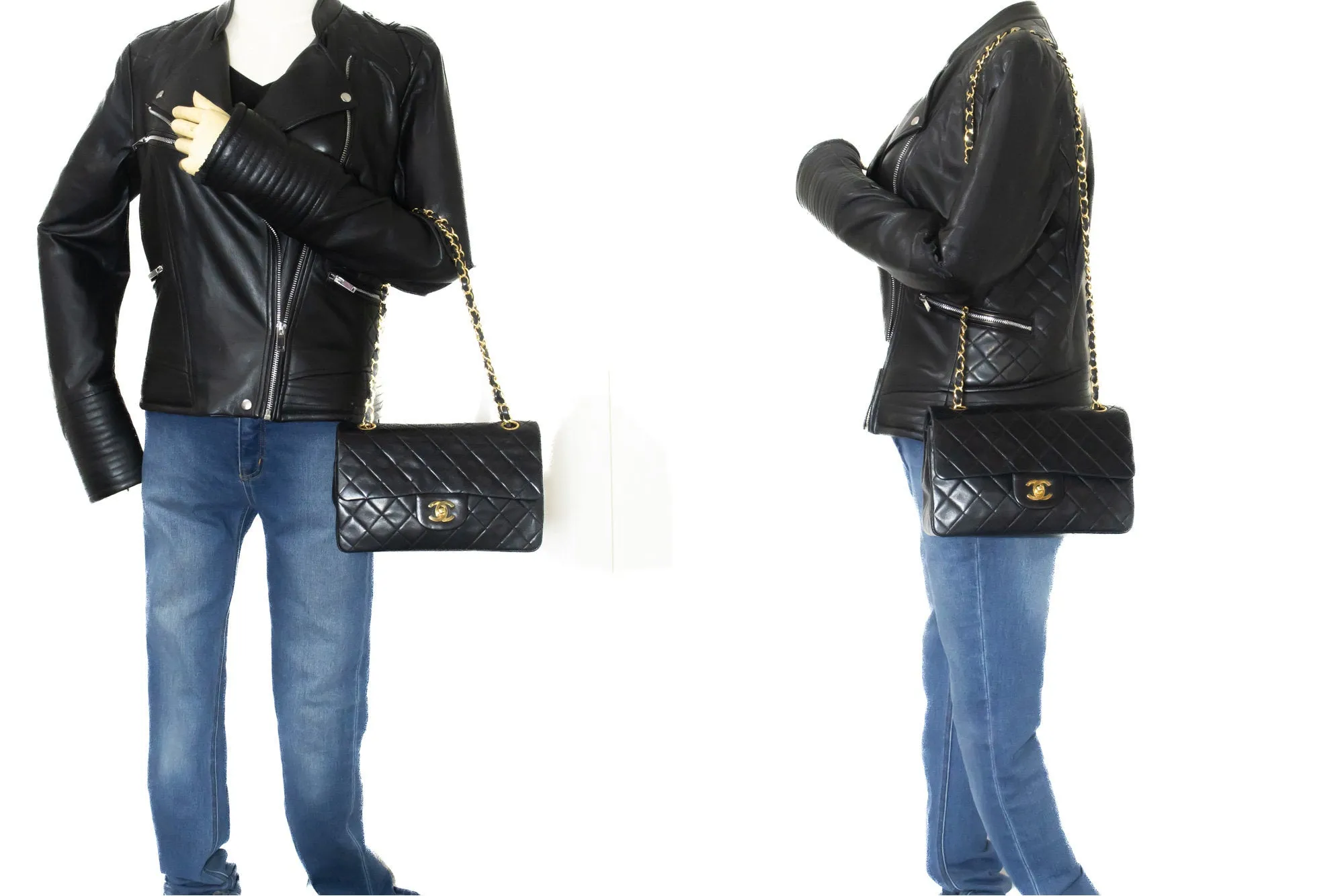 CHANEL Classic Double Flap 9" Chain Shoulder Bag Black Lambskin L63
