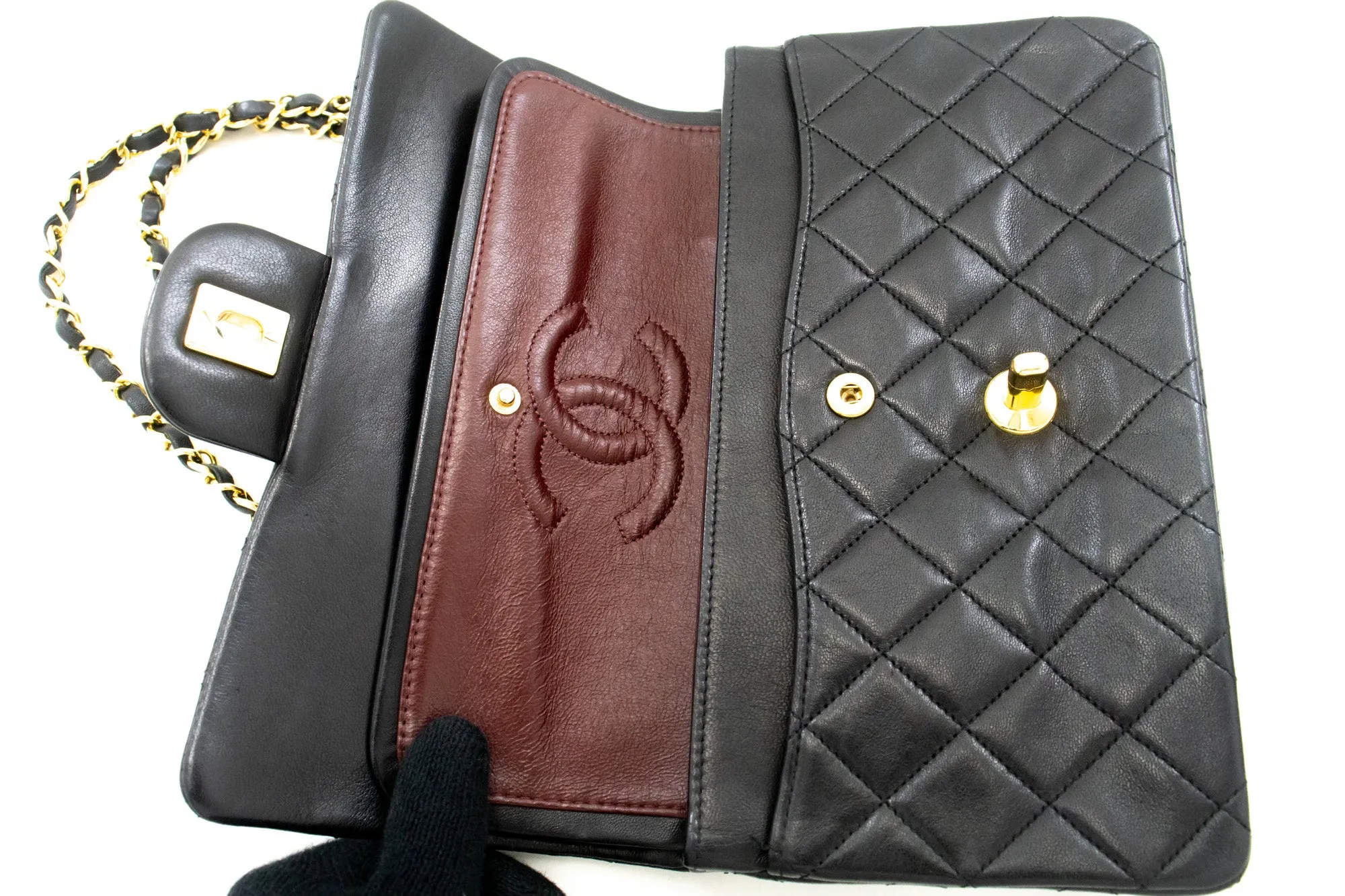 CHANEL Classic Double Flap 9" Chain Shoulder Bag Black Lambskin L63