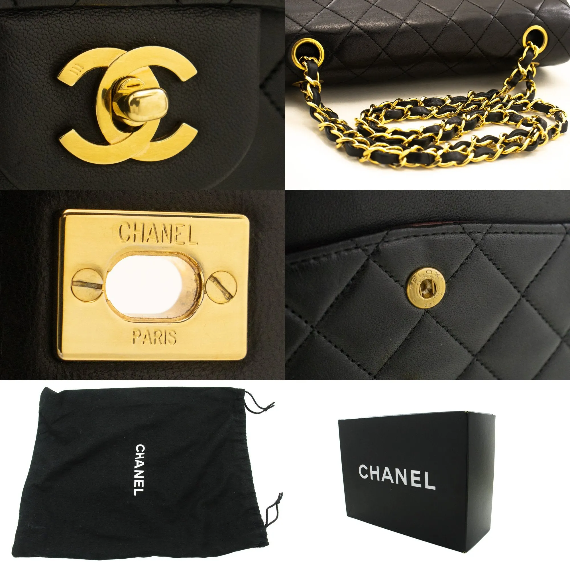CHANEL Classic Double Flap 9" Chain Shoulder Bag Black Lambskin L63